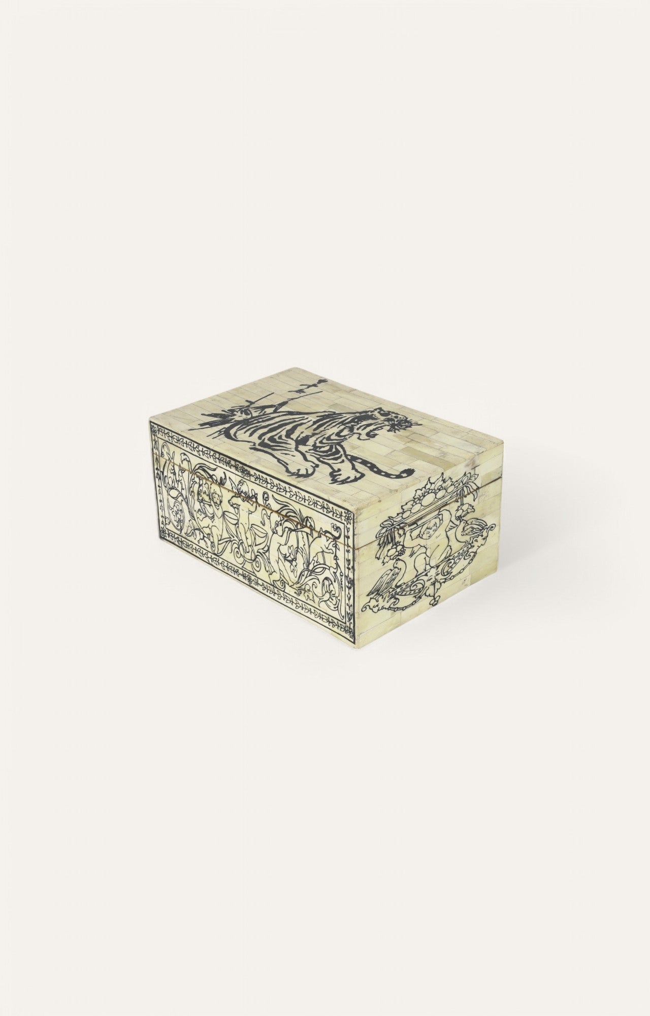 Hand-painted bone inlay box featuring tiger motif and ornate detailing on camel bone and mango wood.