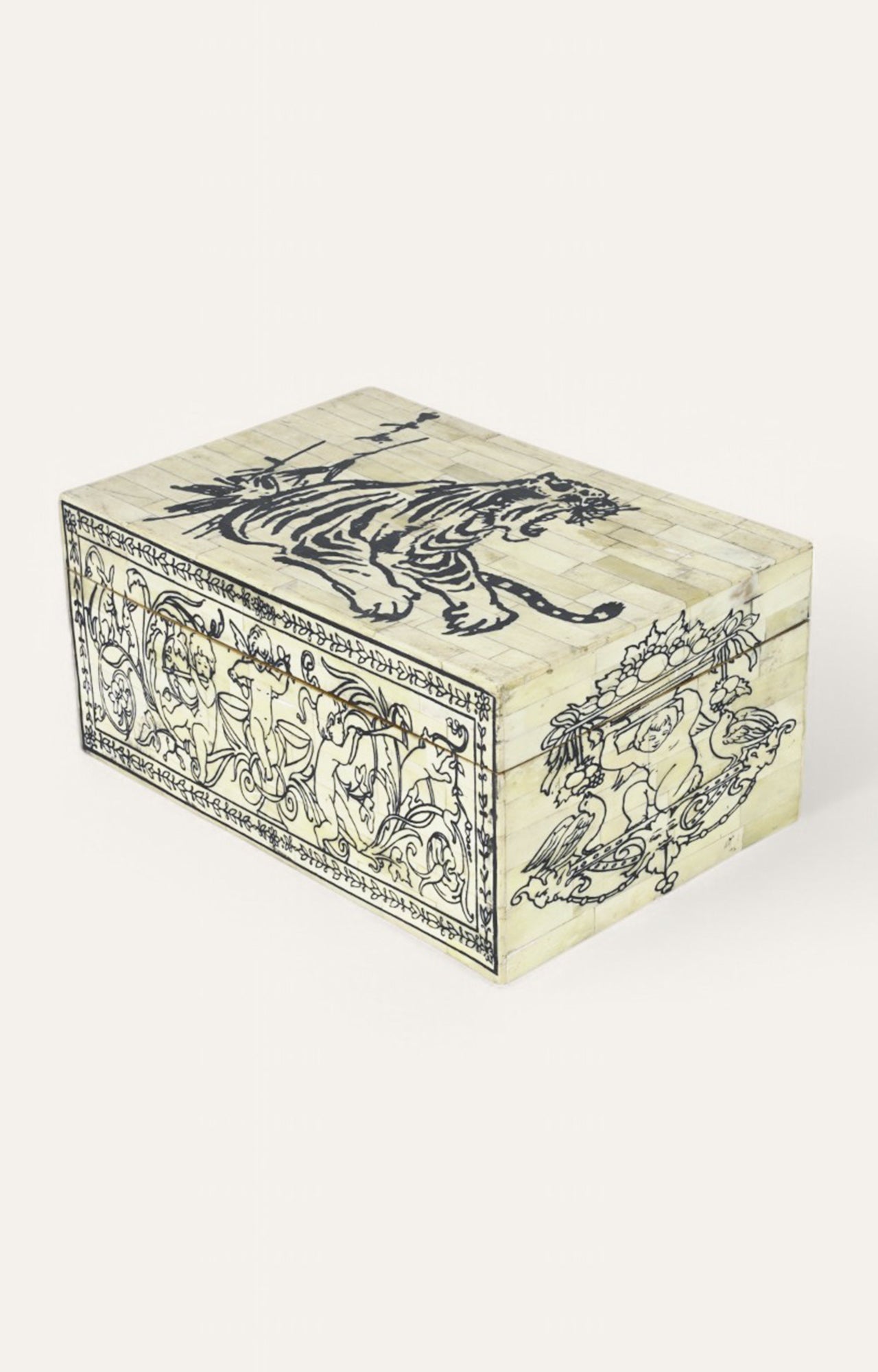 Hand-Painted Bone Inlay Box with Royal Tiger Motif