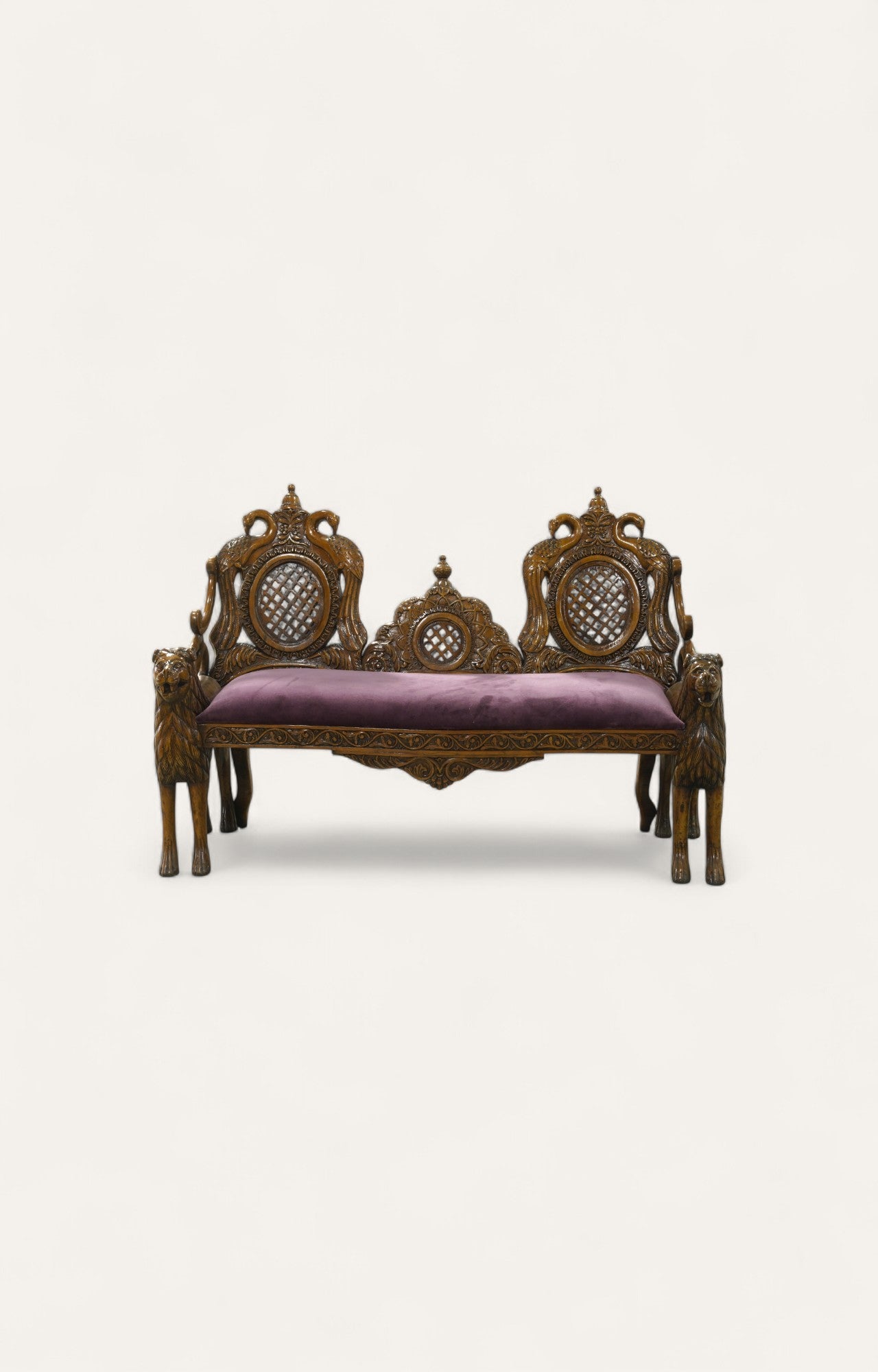 Lion Motif Teak Wood Sofa with Velvet Seat
