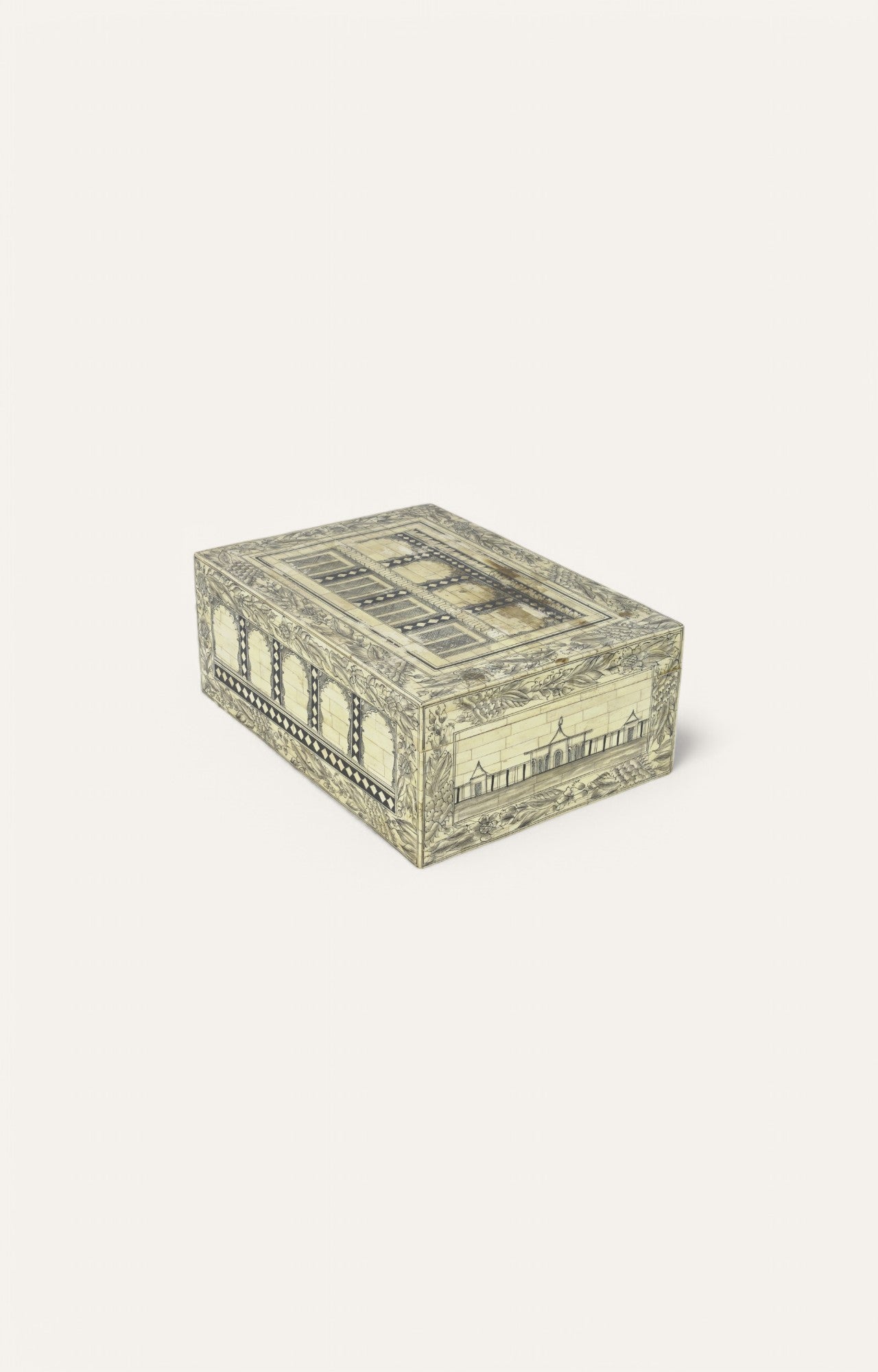 Large hand-painted bone inlay box with Mughal architectural illustrations and black detailing.