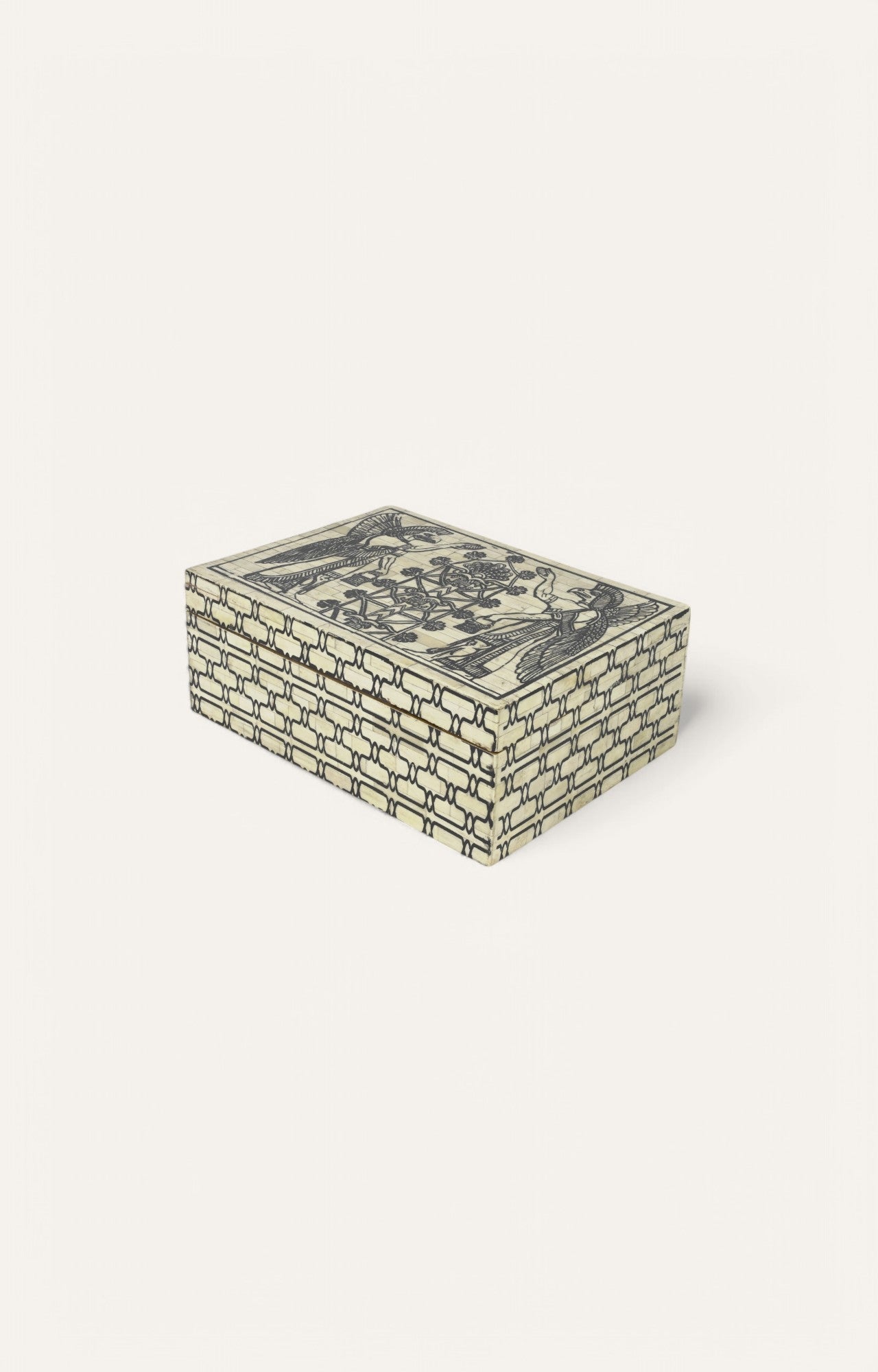 Hand-painted bone inlay box featuring peacocks and intricate architectural patterns in black ink.