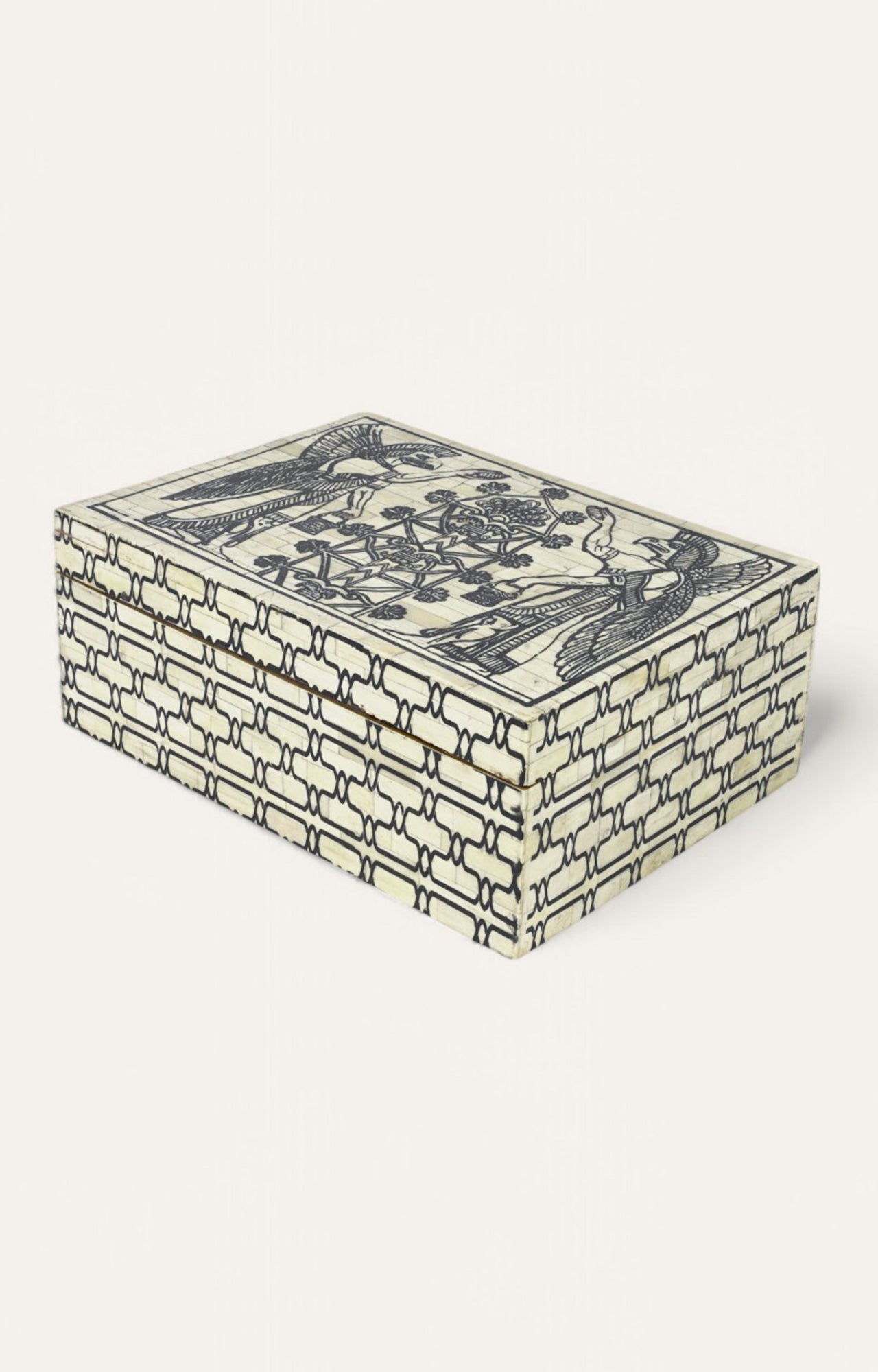 Bone Inlay Box with Peacocks and Temple Detailing