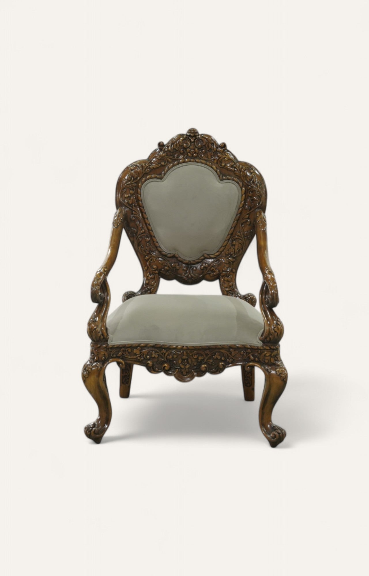 Finely Carved Indian Armchair in Teak and Linen