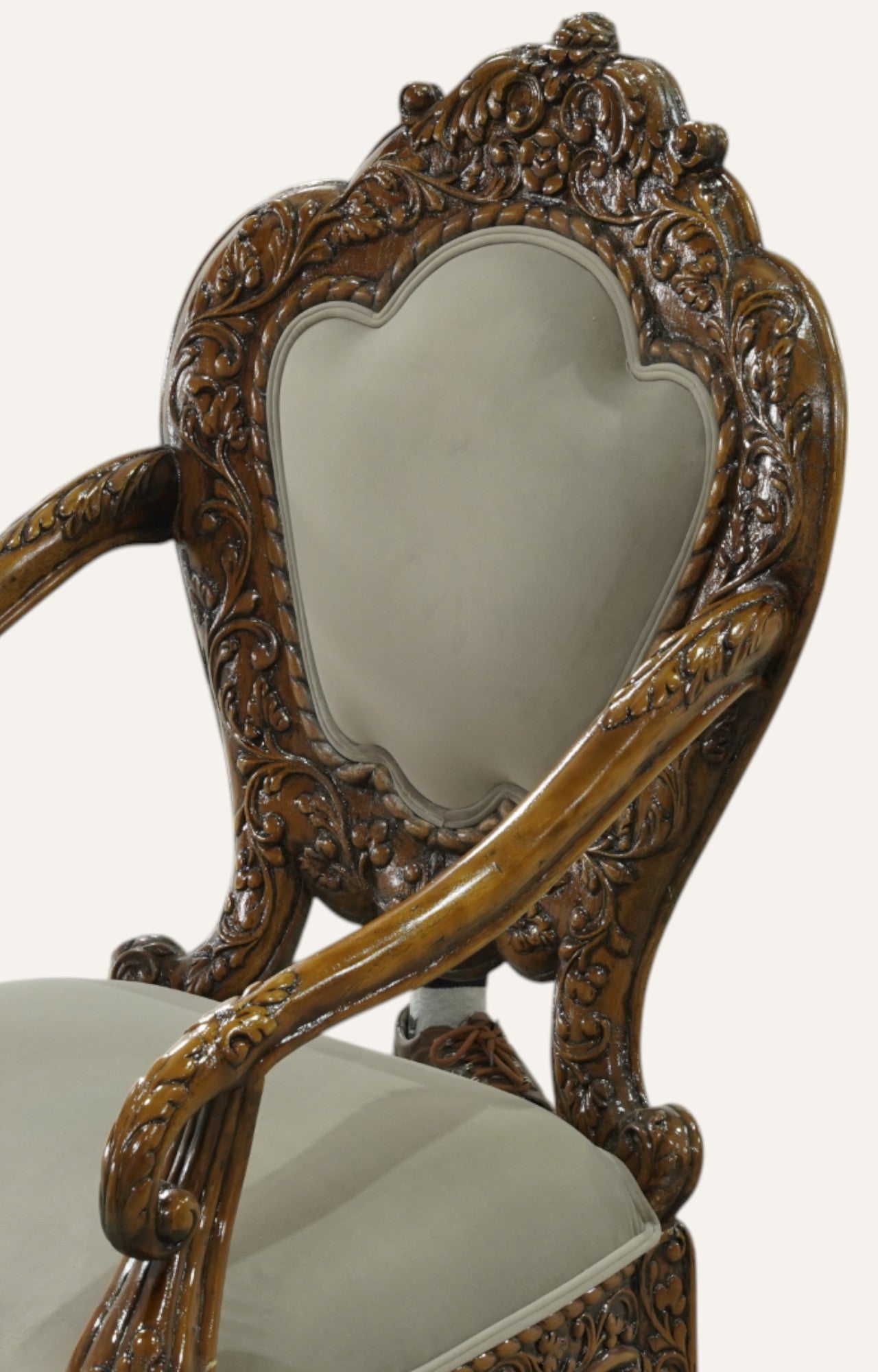 Finely Carved Indian Armchair in Teak and Linen