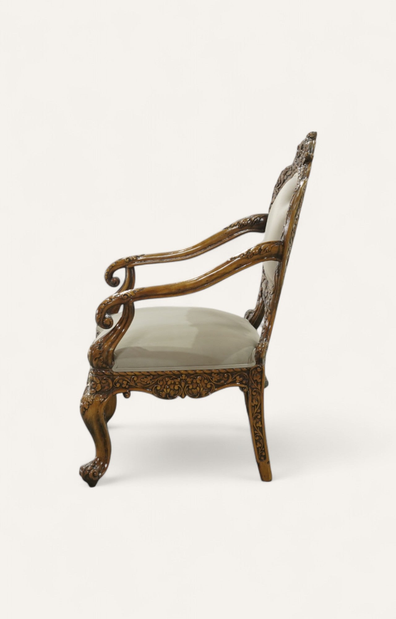 Finely Carved Indian Armchair in Teak and Linen