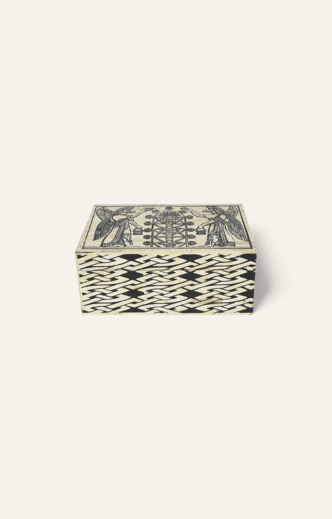 Large Mythological Bone Inlay Box with Brick Motif