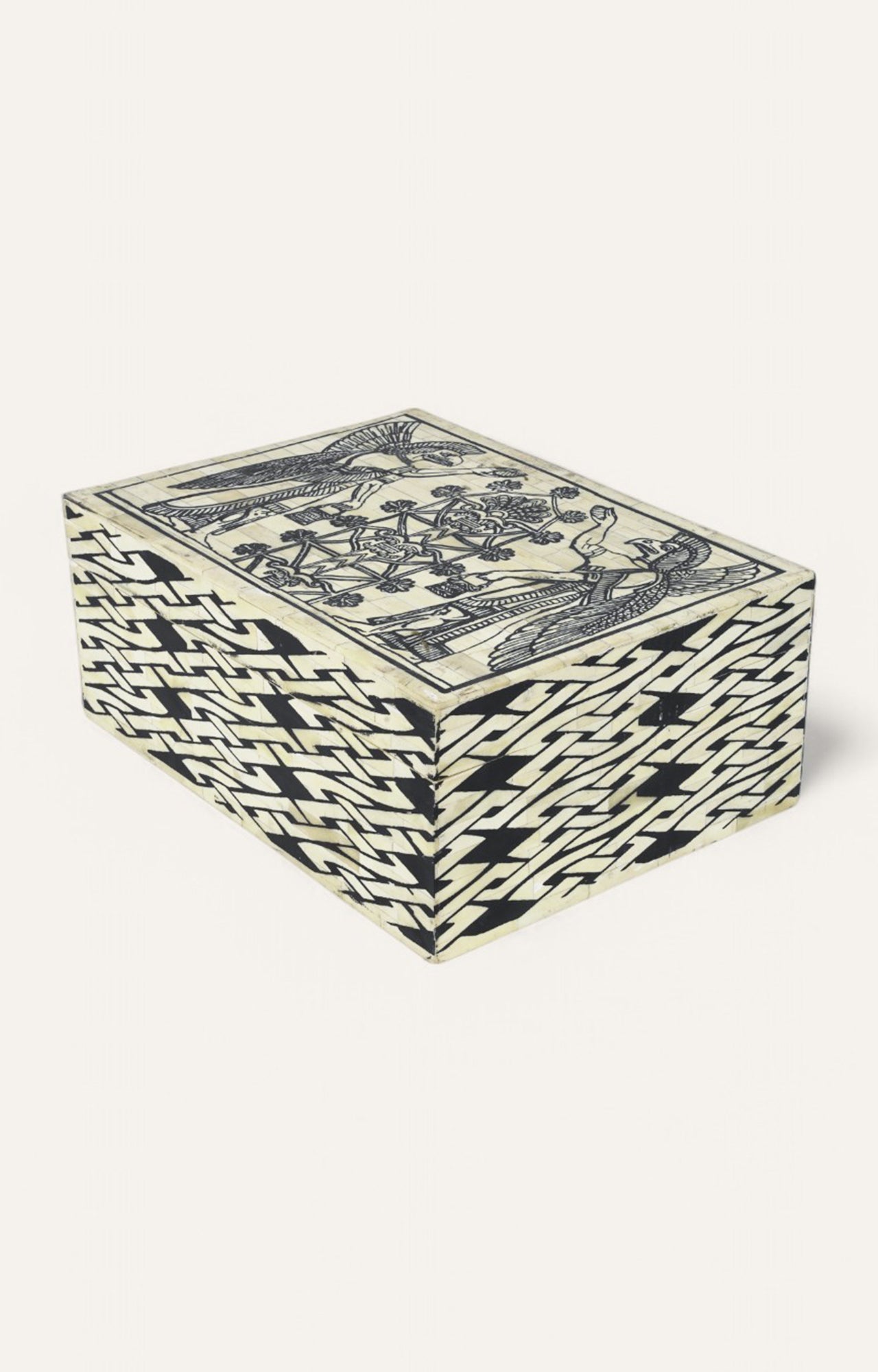Large Mythological Bone Inlay Box with Brick Motif