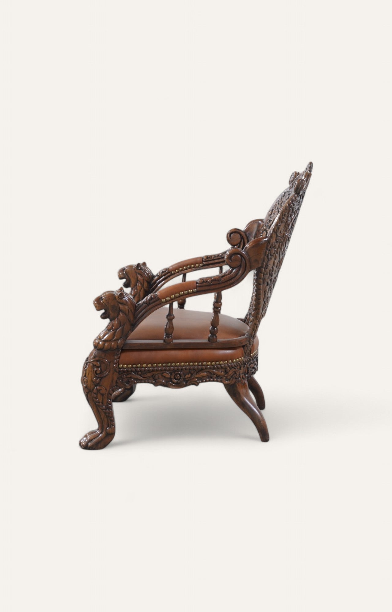 Majestic Indian Teak Armchair with Carved Lions