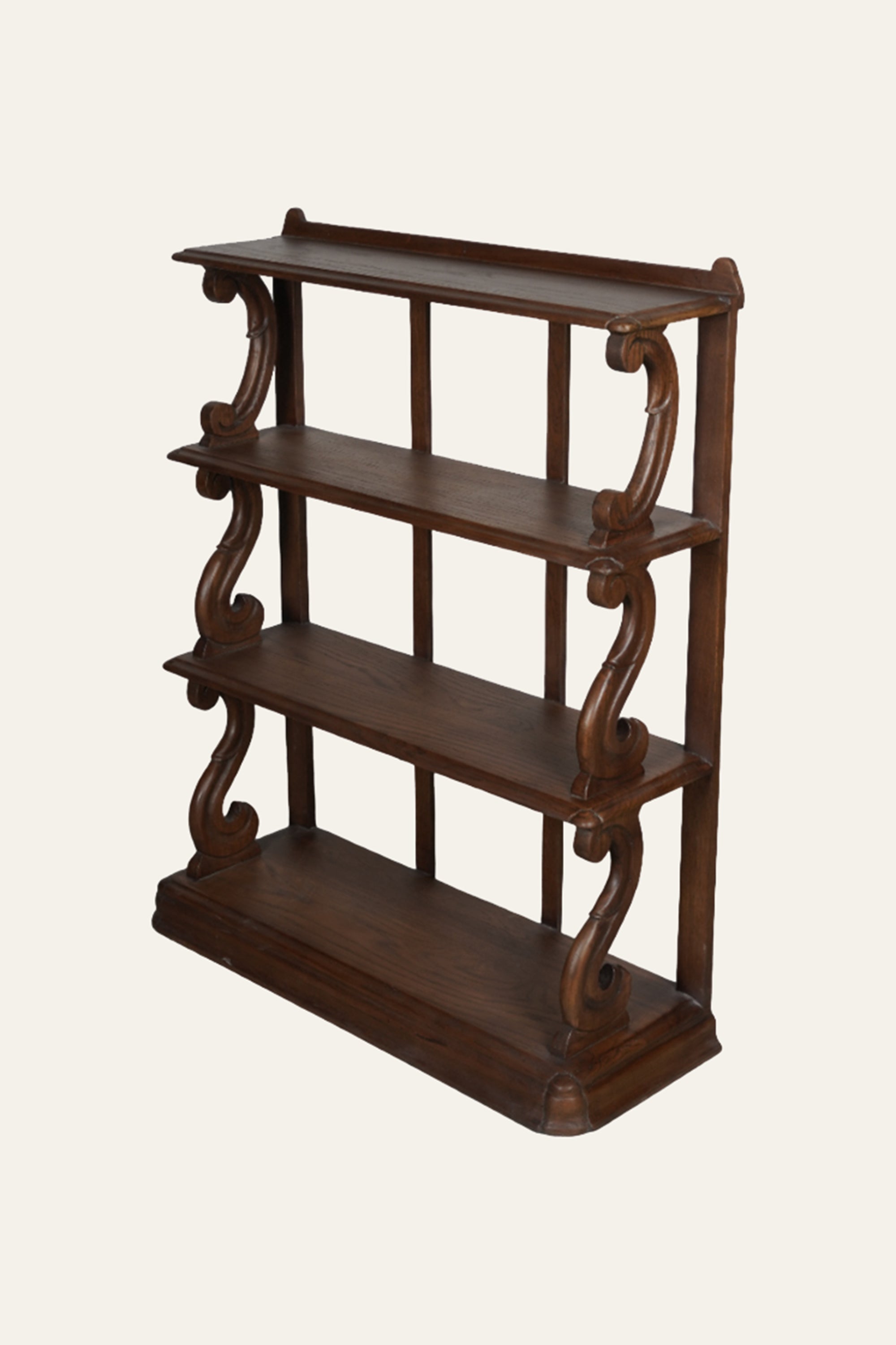 Scroll-Carved 4-Tier Wooden Display Shelf for Living Room