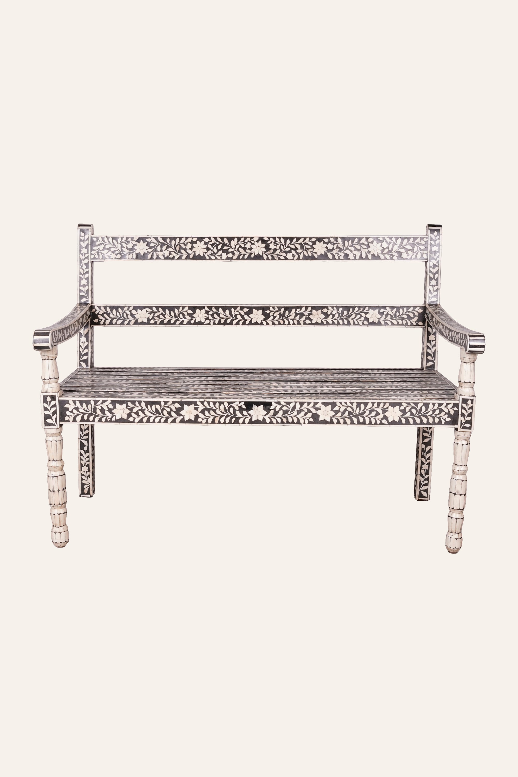 Black and White Floral Bone Inlay Bench for Hallway