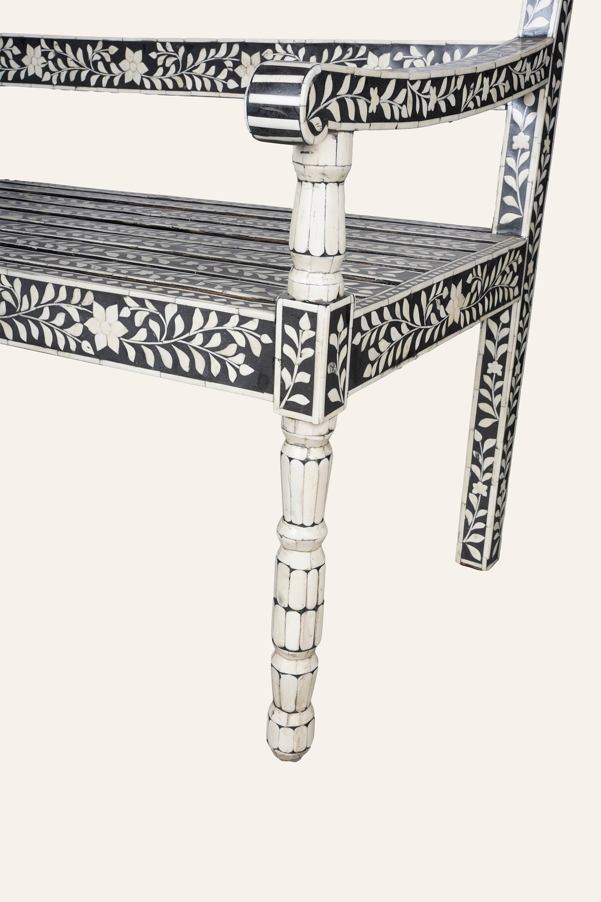 Black and White Floral Bone Inlay Bench for Hallway