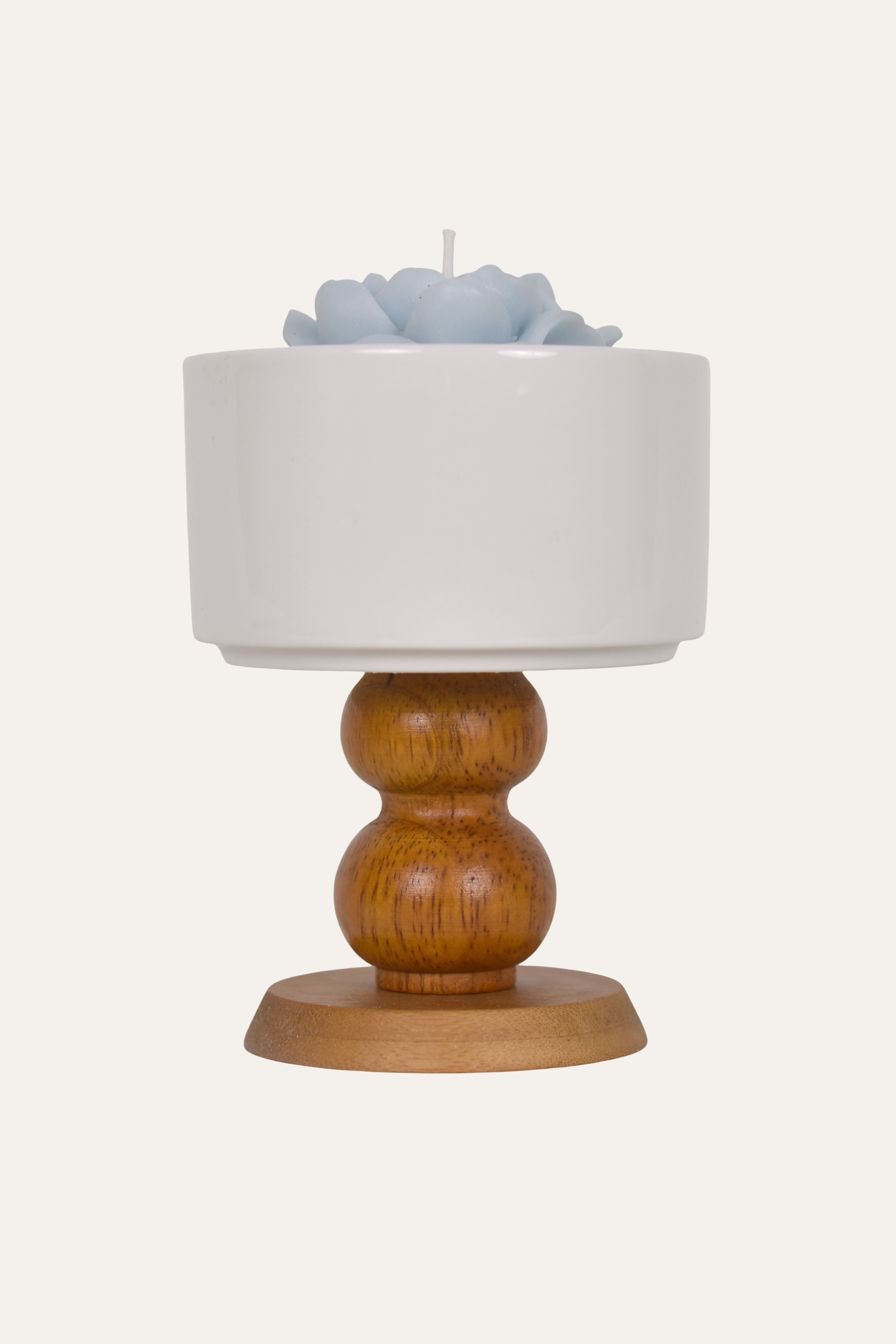 White Bowl Sculptural Candle with Wooden Base Decorative Candle