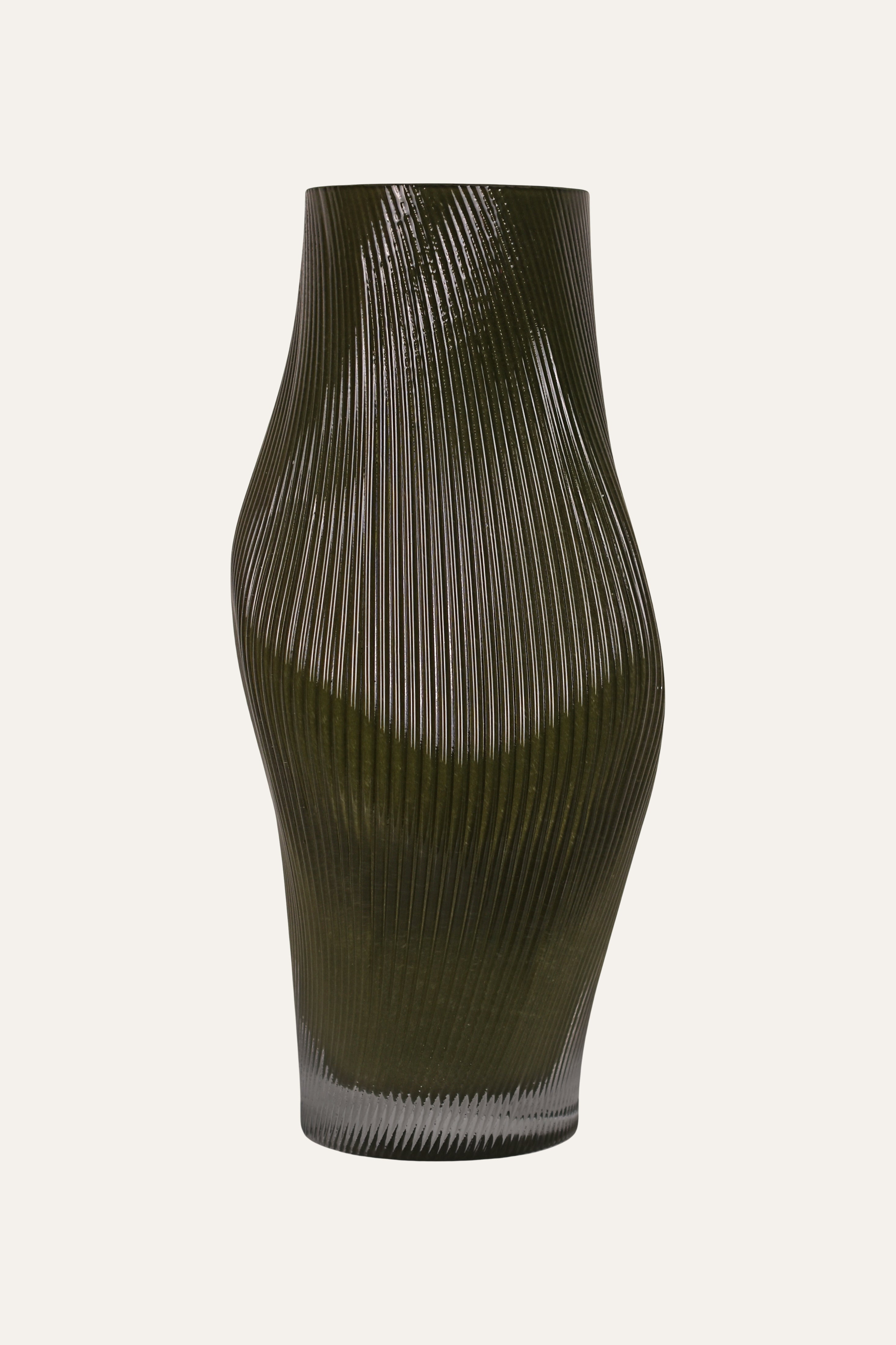 Hand Blown Colored Elegant Ribbed Dark Green Glass Decorative Vase