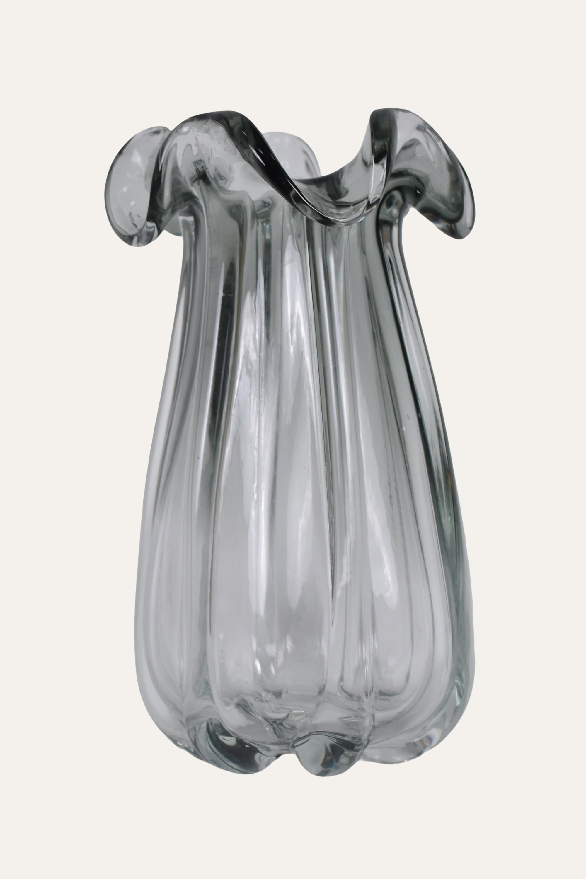 Hand Blown Colored Sculptural Smoke Grey Glass Vase with Petal Rim