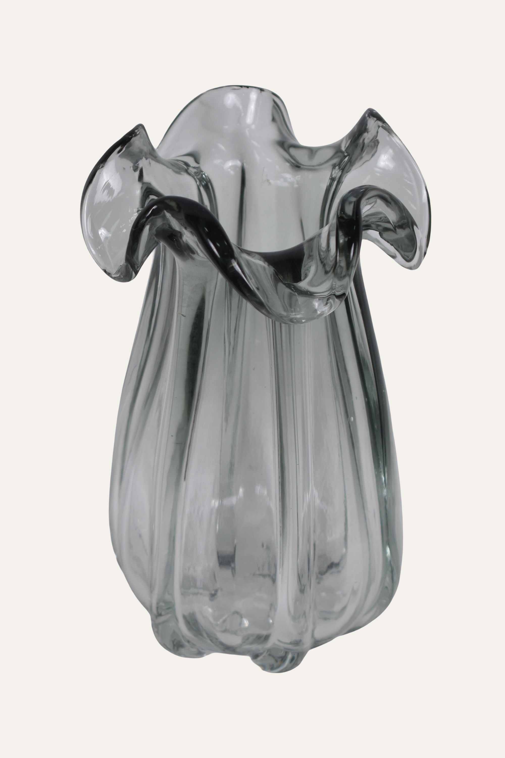 Hand Blown Colored Sculptural Smoke Grey Glass Vase with Petal Rim