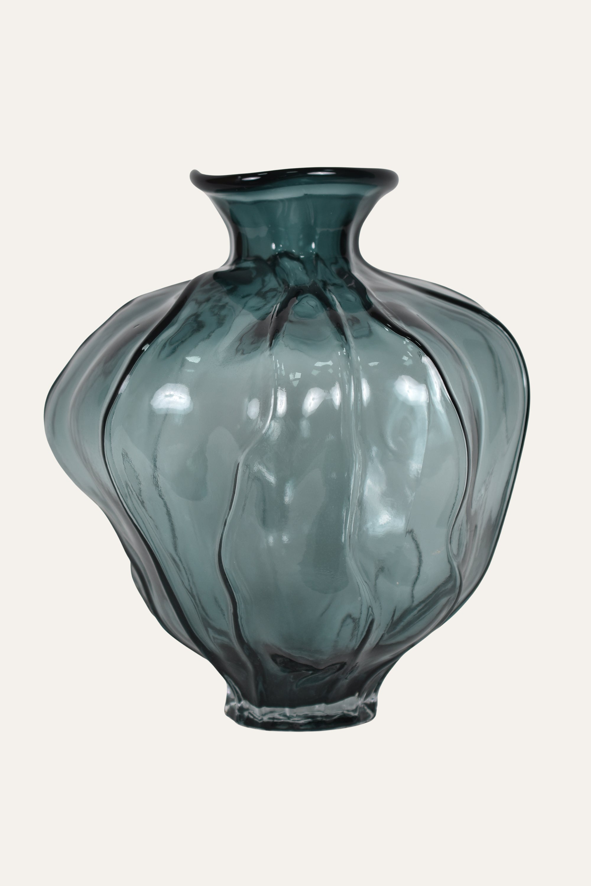 Modern Ribbed Hand Blown Colored Blue-Grey Glass Vase