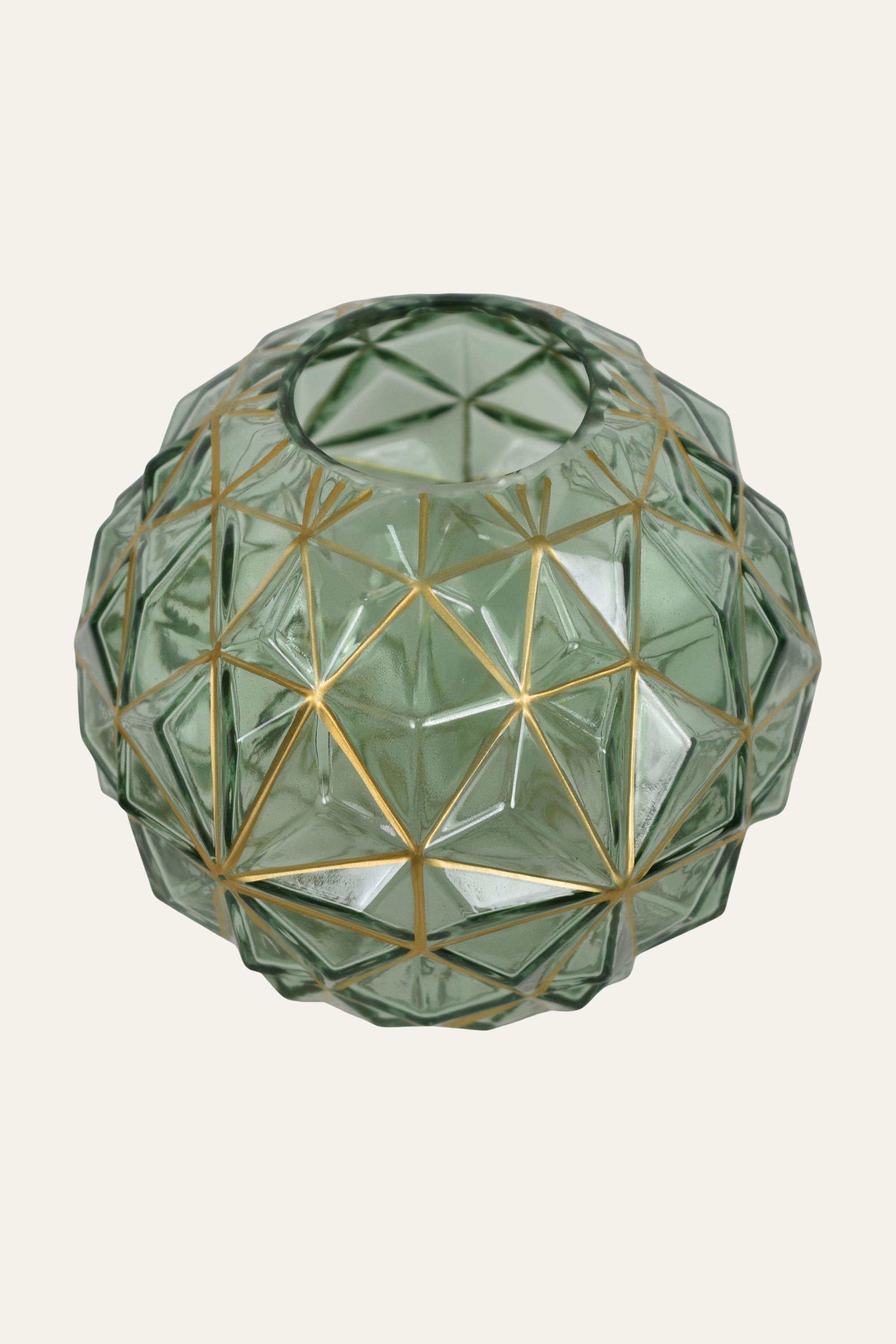 Geometric Green Colored Hand Blown Glass Vase with Gold Accents Luxury Centerpiece