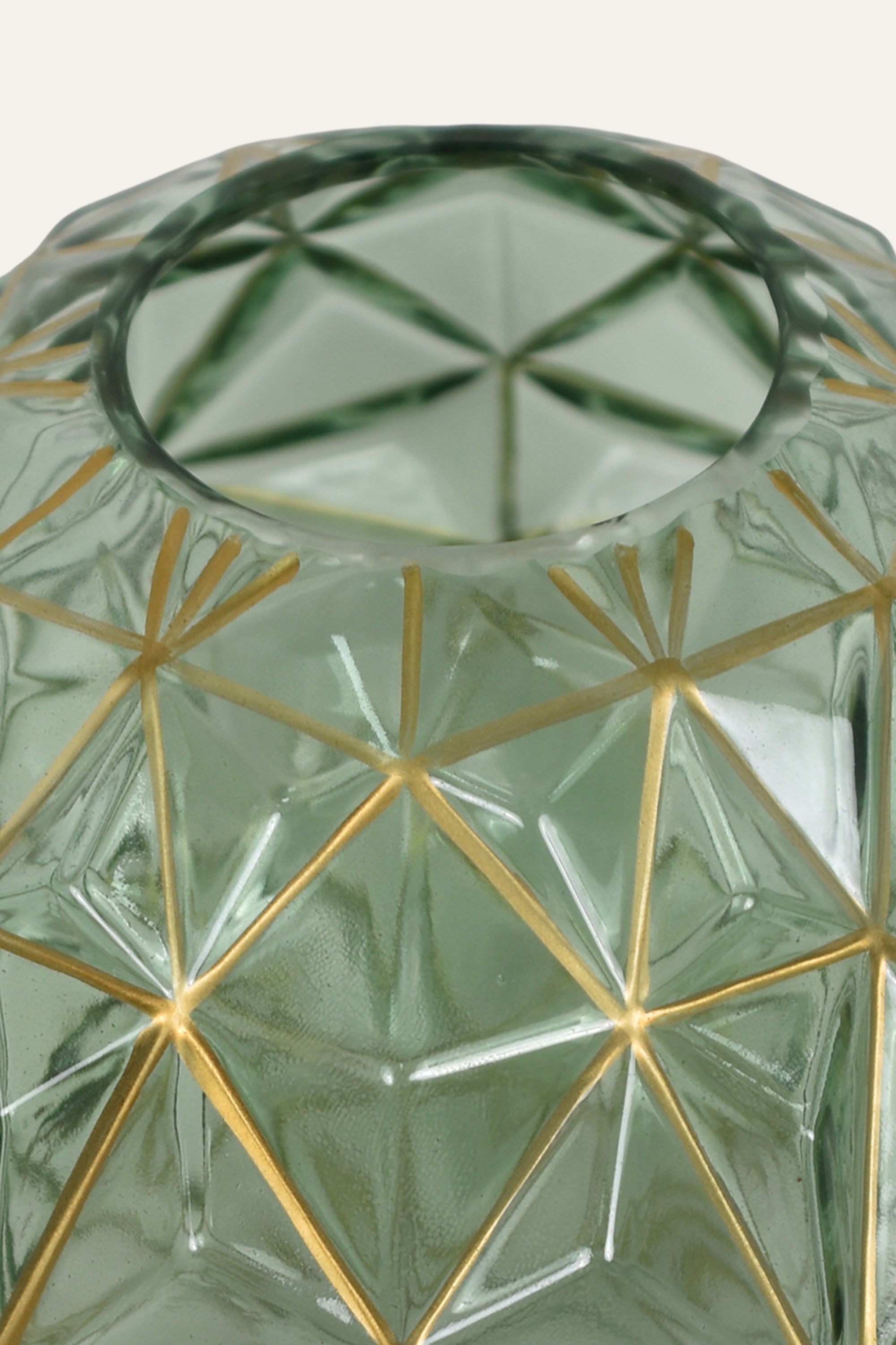 Geometric Green Colored Hand Blown Glass Vase with Gold Accents Luxury Centerpiece