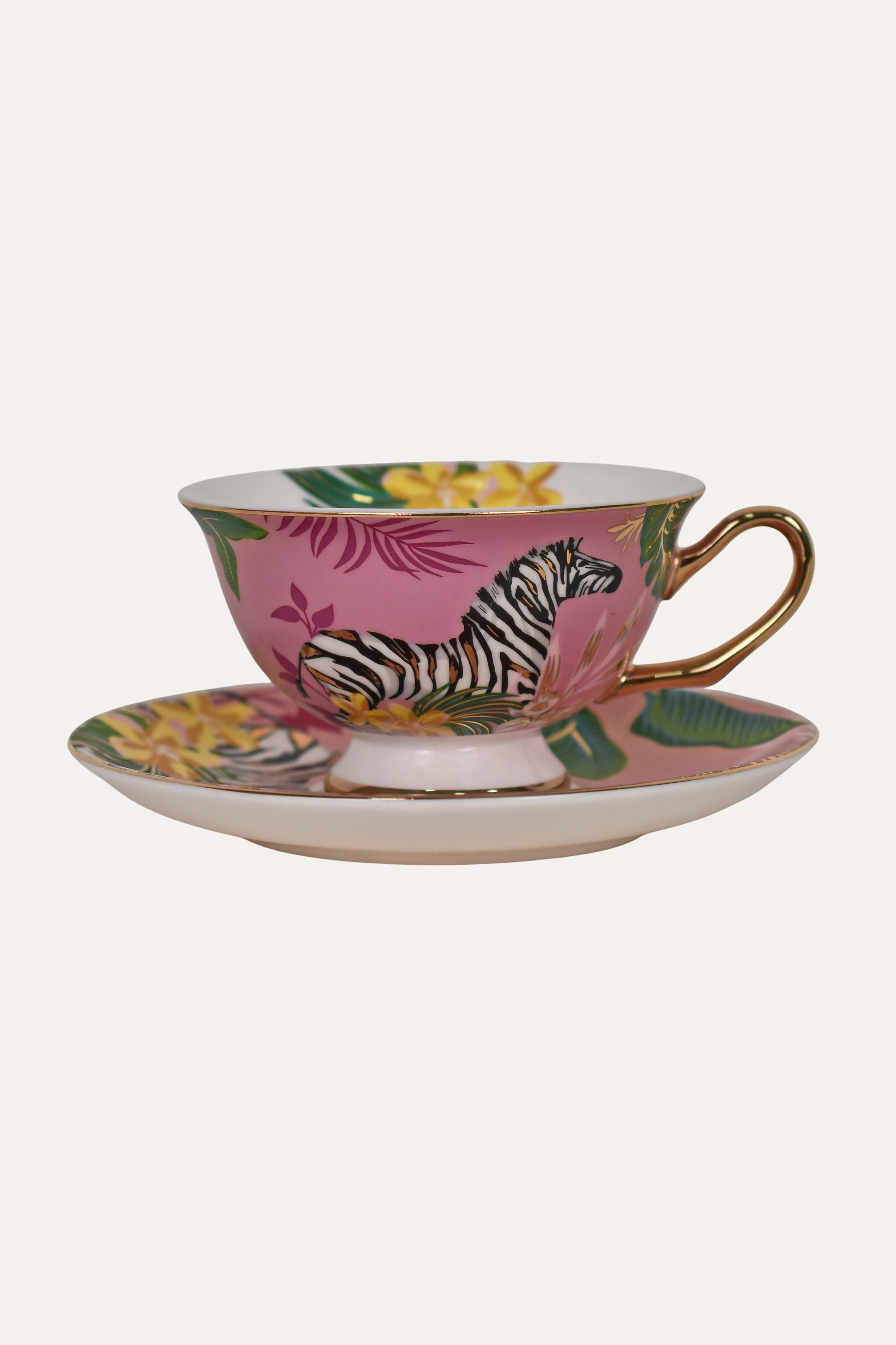 Pink Hand-Painted Porcelain Tea Cup & Saucer Set with Zebra & Floral Art – Artisan Coffee Cup