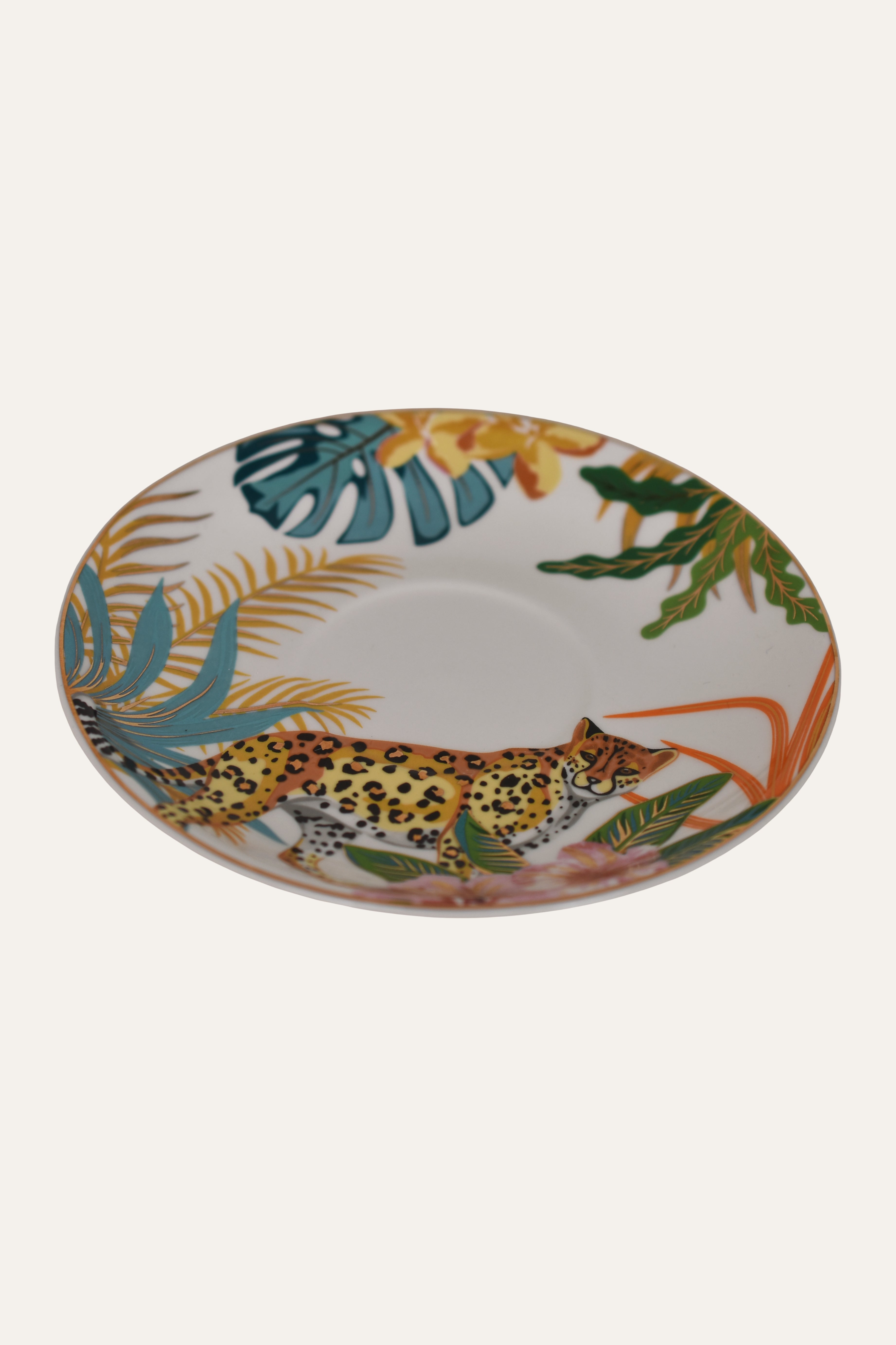 White Hand-Painted Porcelain Cup & Saucer Set with Green Botanical Leaves & Gold Accent – Artisan Tea Cup