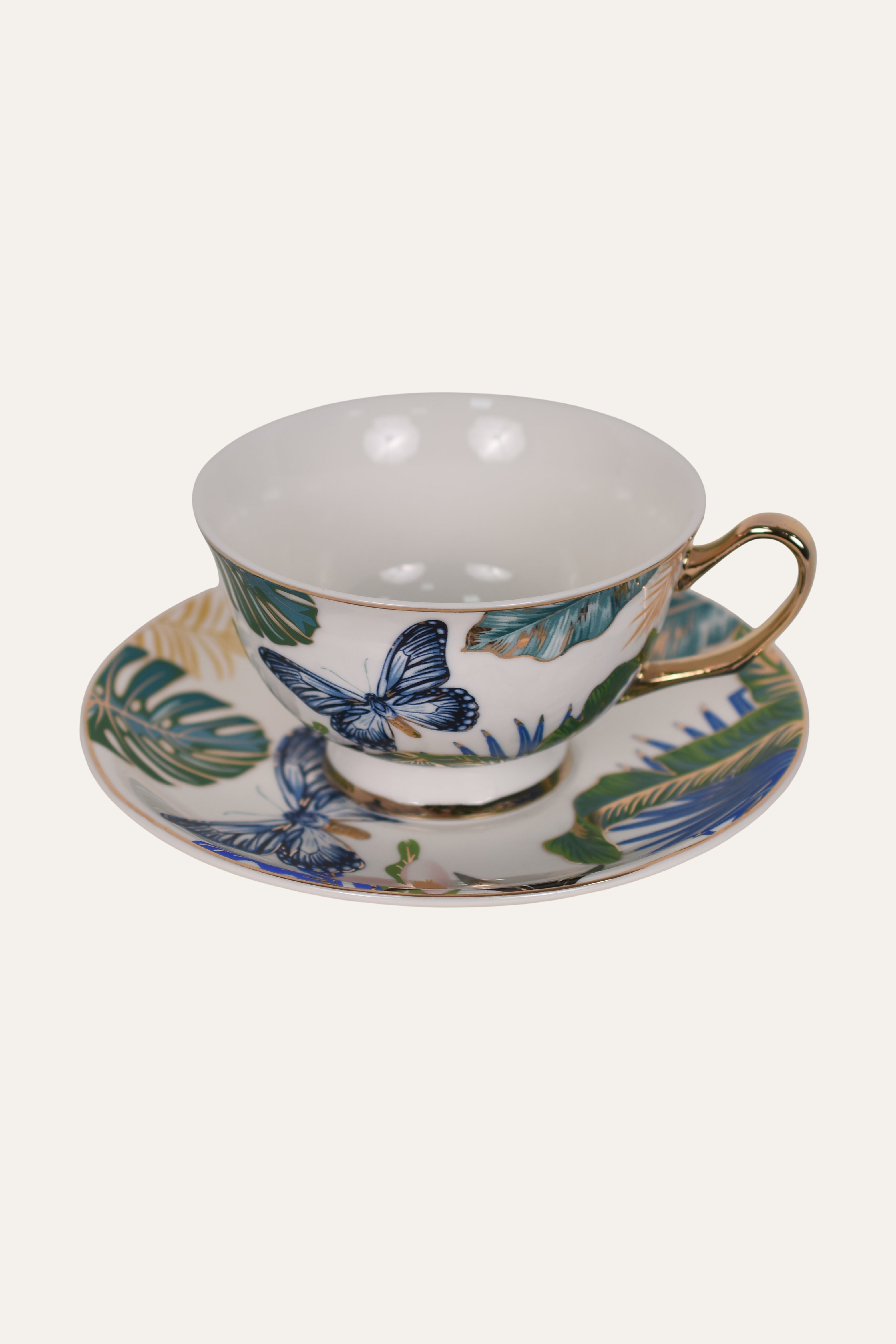 Butterfly Hand-Painted Porcelain Cup & Saucer Set with Gold Handle – Elegant Artisan Tea Cup
