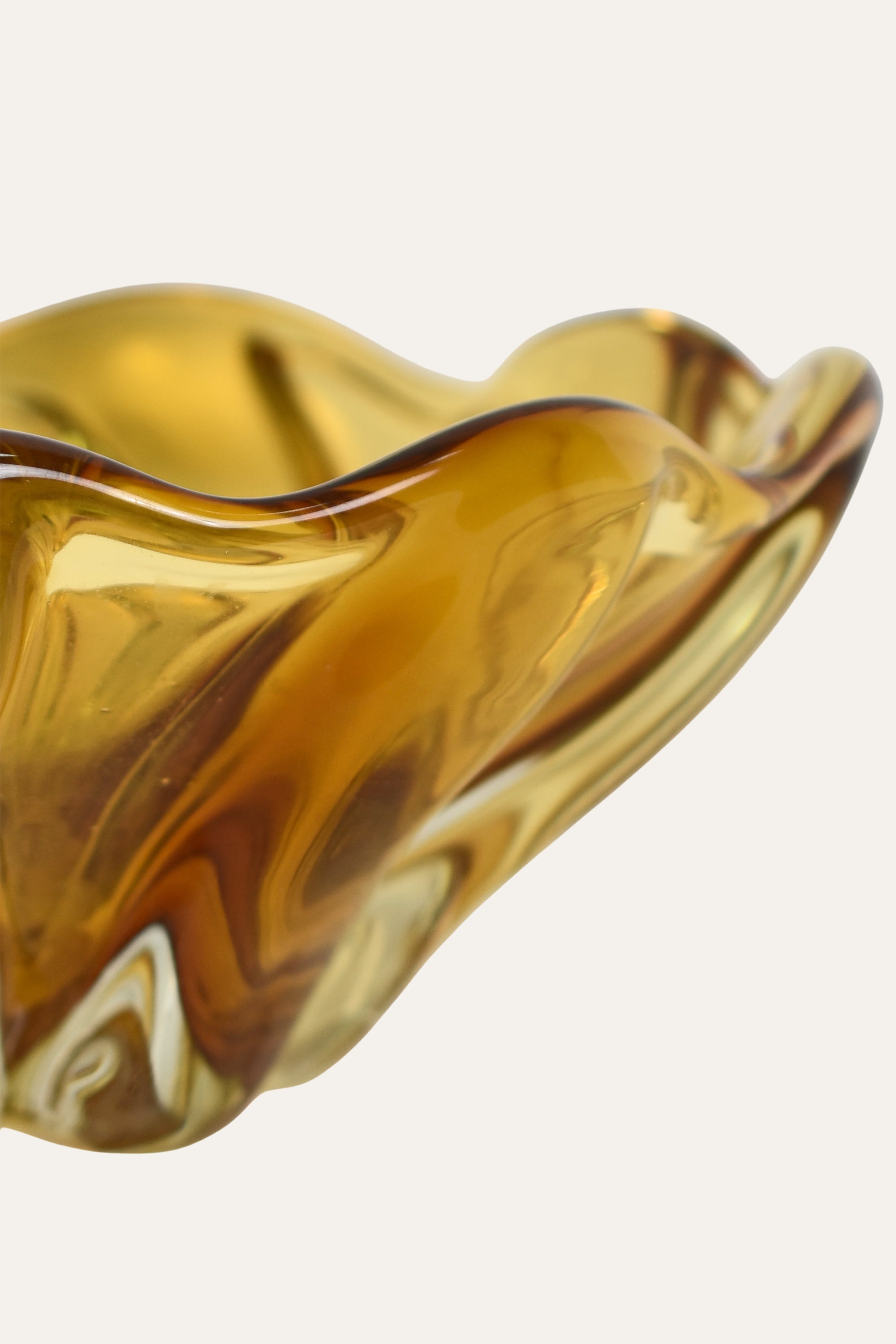 Hand-Blown Colored Sculpted Ochre Glass Flower Bowl Artistic Decorative Vase