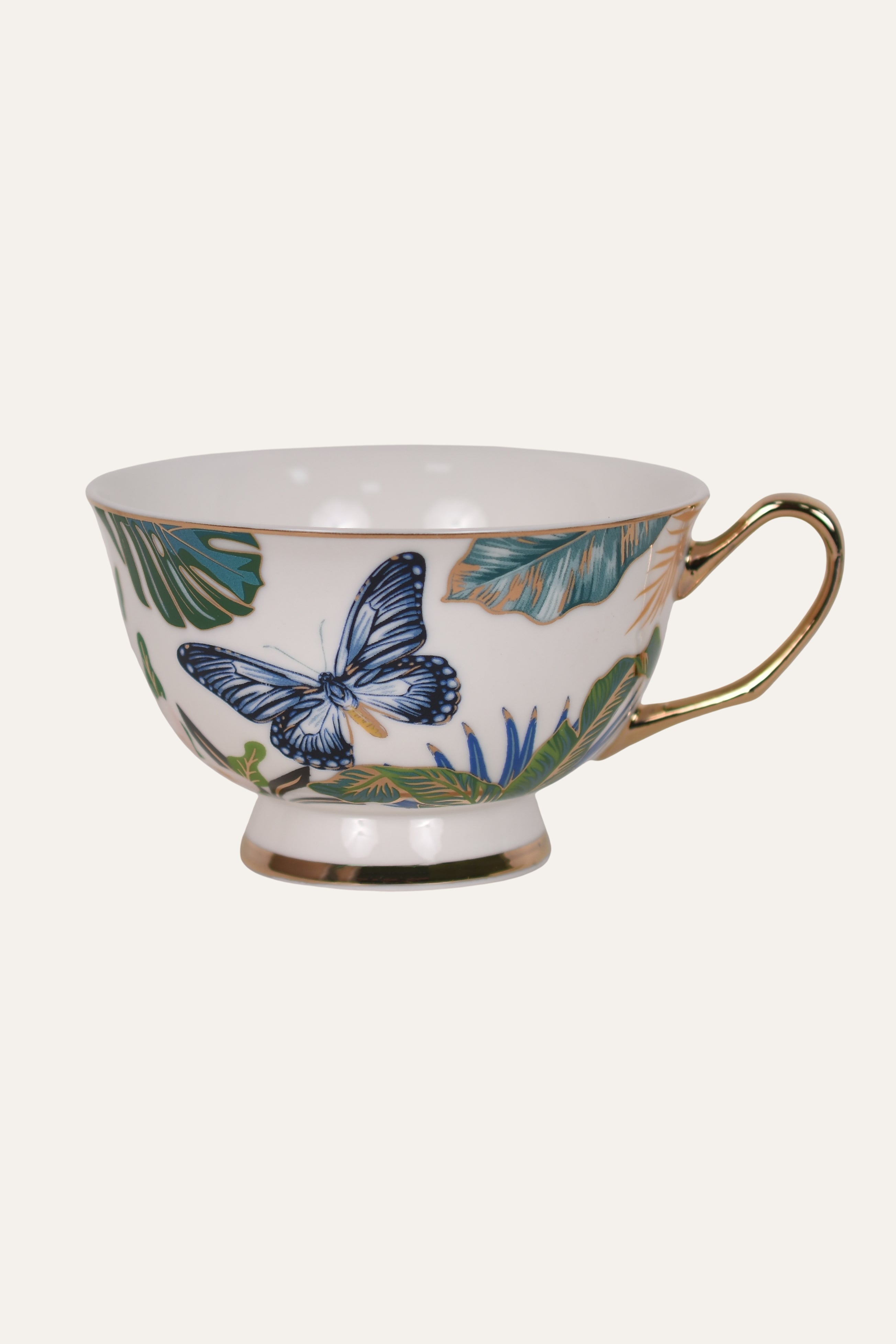 Butterfly Hand-Painted Porcelain Cup & Saucer Set with Gold Handle – Elegant Artisan Tea Cup