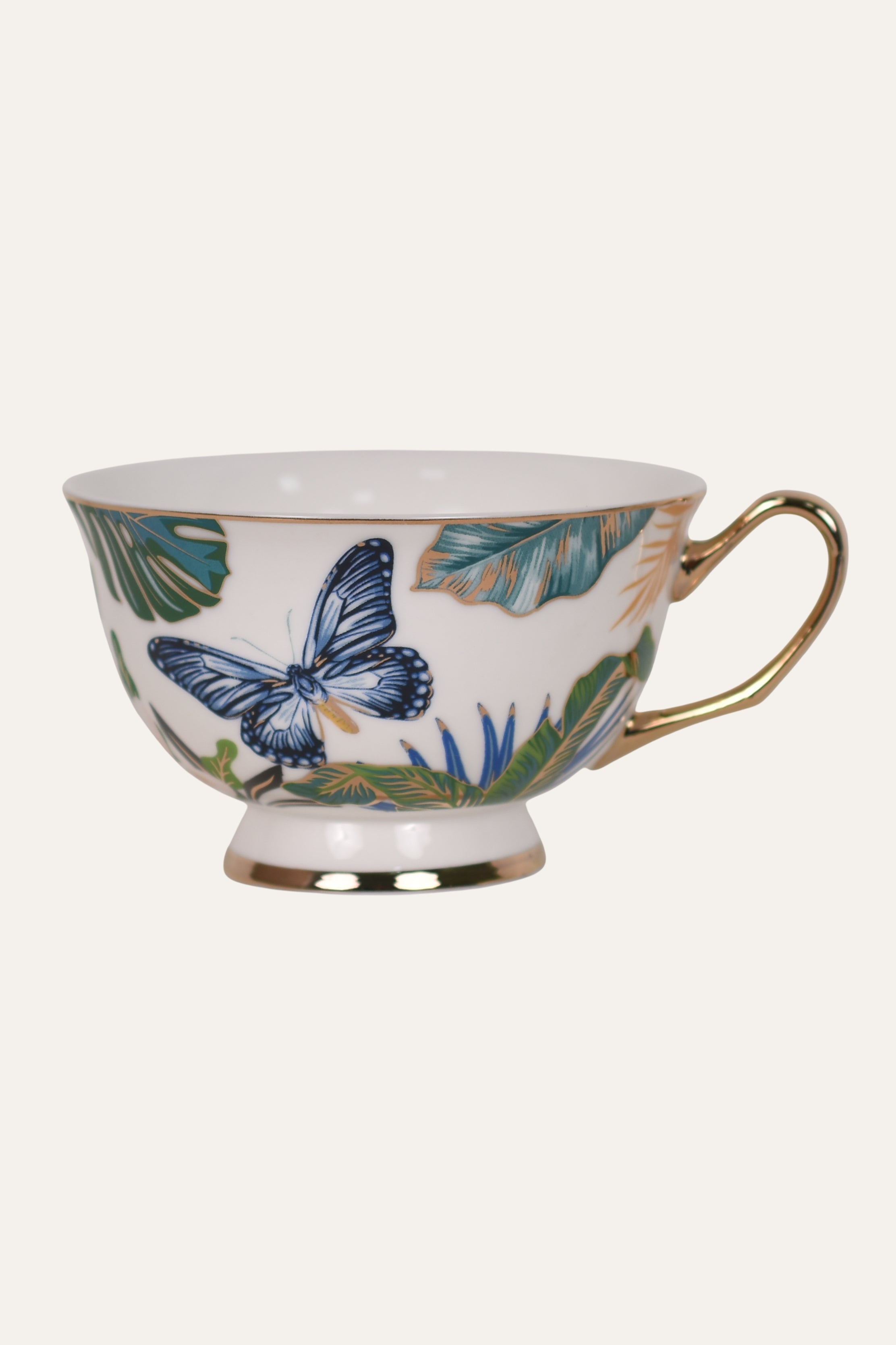 Butterfly Hand-Painted Porcelain Cup & Saucer Set with Gold Handle – Elegant Artisan Tea Cup