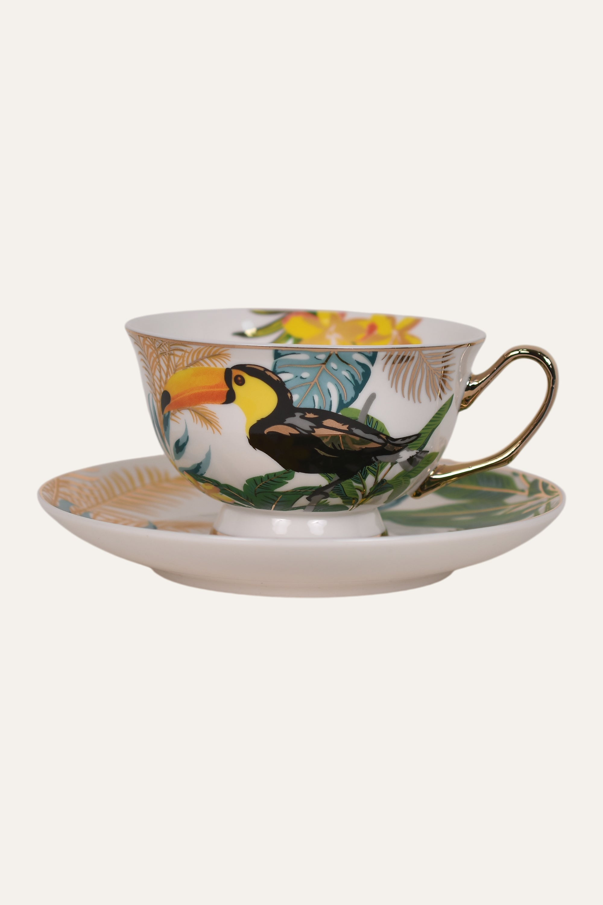 Tropical Bird Hand-Painted Porcelain Cup & Saucer Set with Gold Handle – Artisan Tea & Coffee Cup