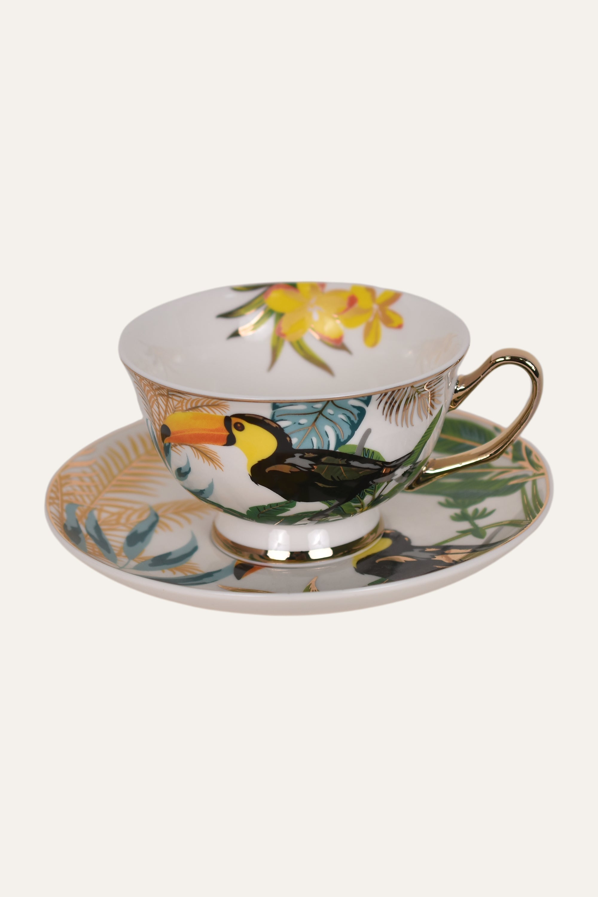 Tropical Bird Hand-Painted Porcelain Cup & Saucer Set with Gold Handle – Artisan Tea & Coffee Cup