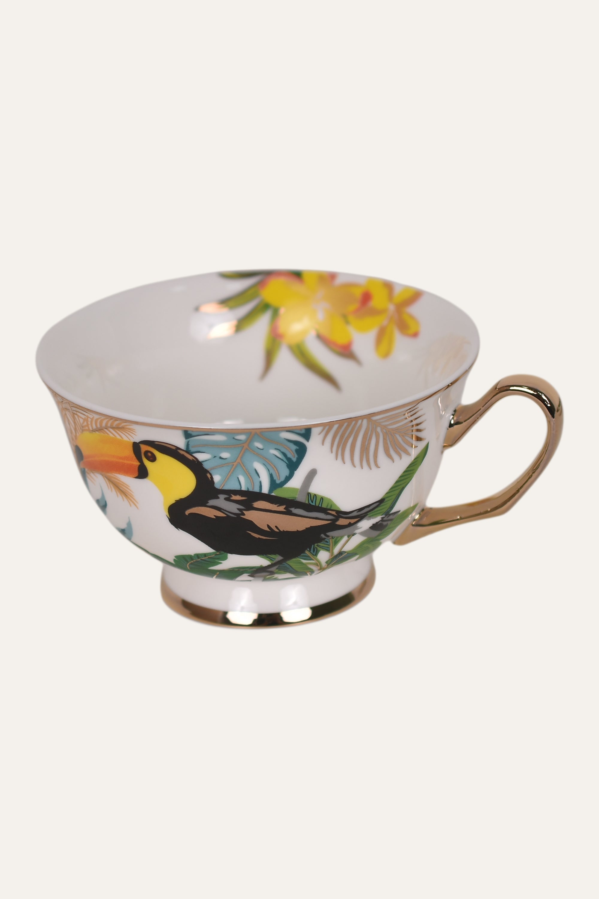 Tropical Bird Hand-Painted Porcelain Cup & Saucer Set with Gold Handle – Artisan Tea & Coffee Cup
