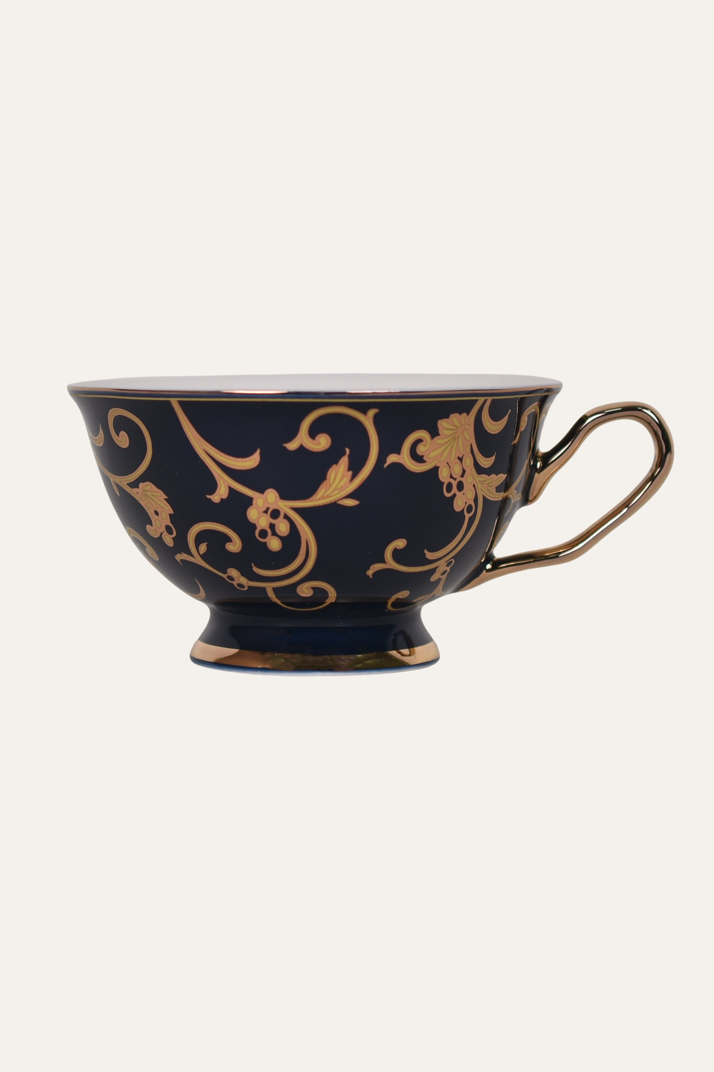 Midnight Blue Hand-Painted Porcelain Cup & Saucer Set with Gold Scrollwork – Luxury Tea Cup