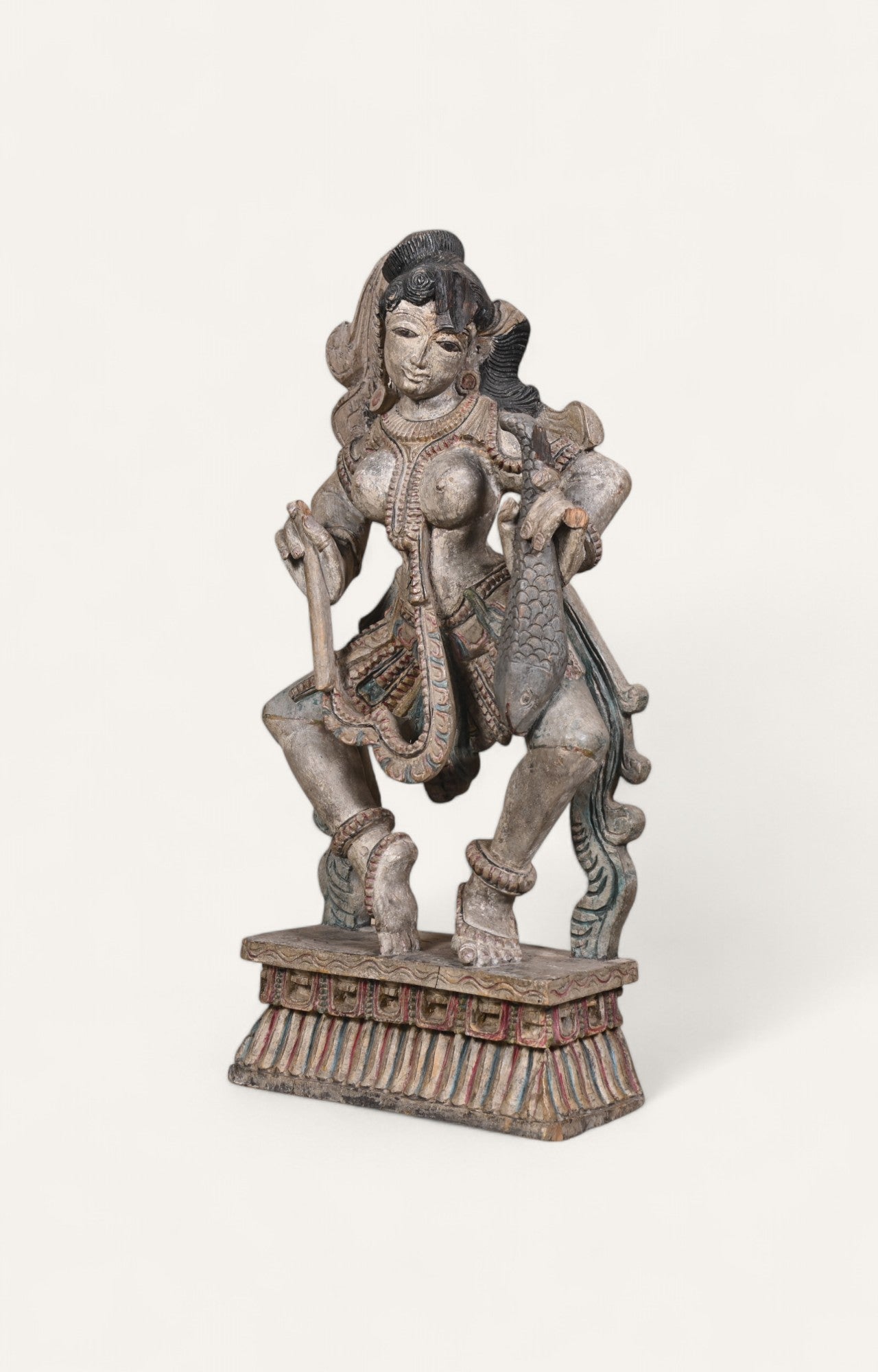 Vintage Hand-Carved Polychrome Teak Wood Hindu Goddess Statue