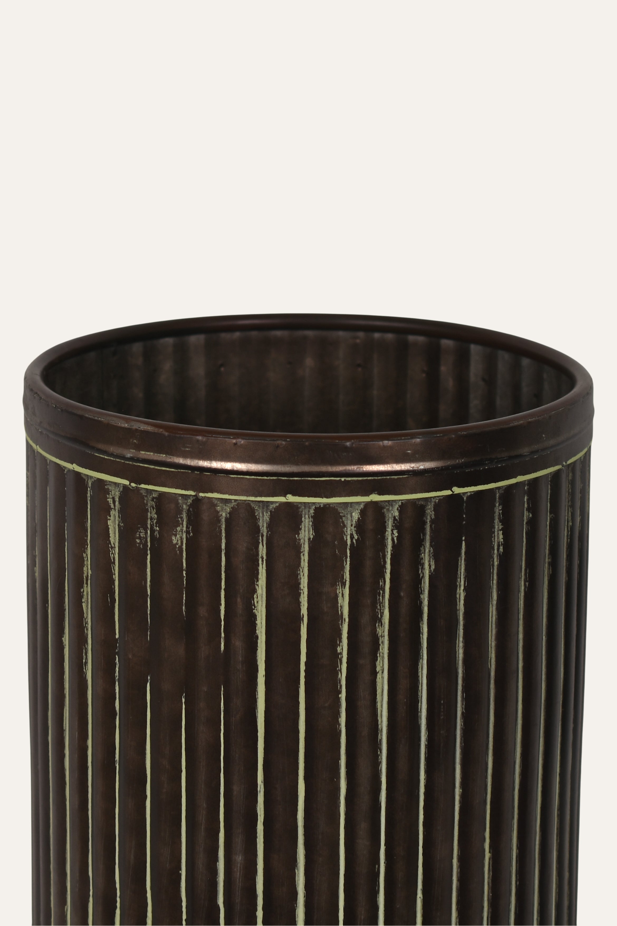 Antique Brown Ribbed Metal Planter - Big