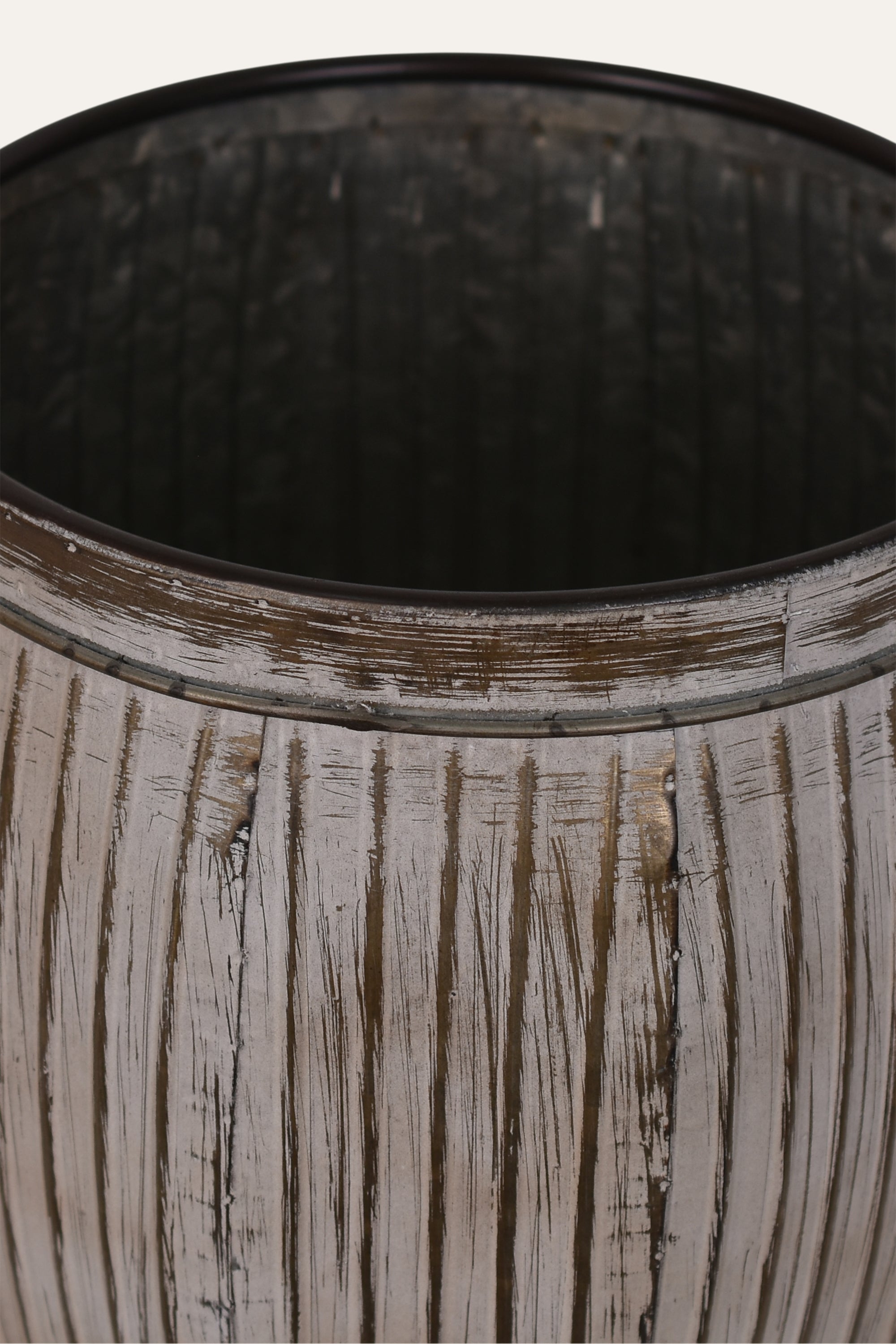 Distressed Grey Ribbed Metal Planter – Rustic Vintage Decorative Pot - Small