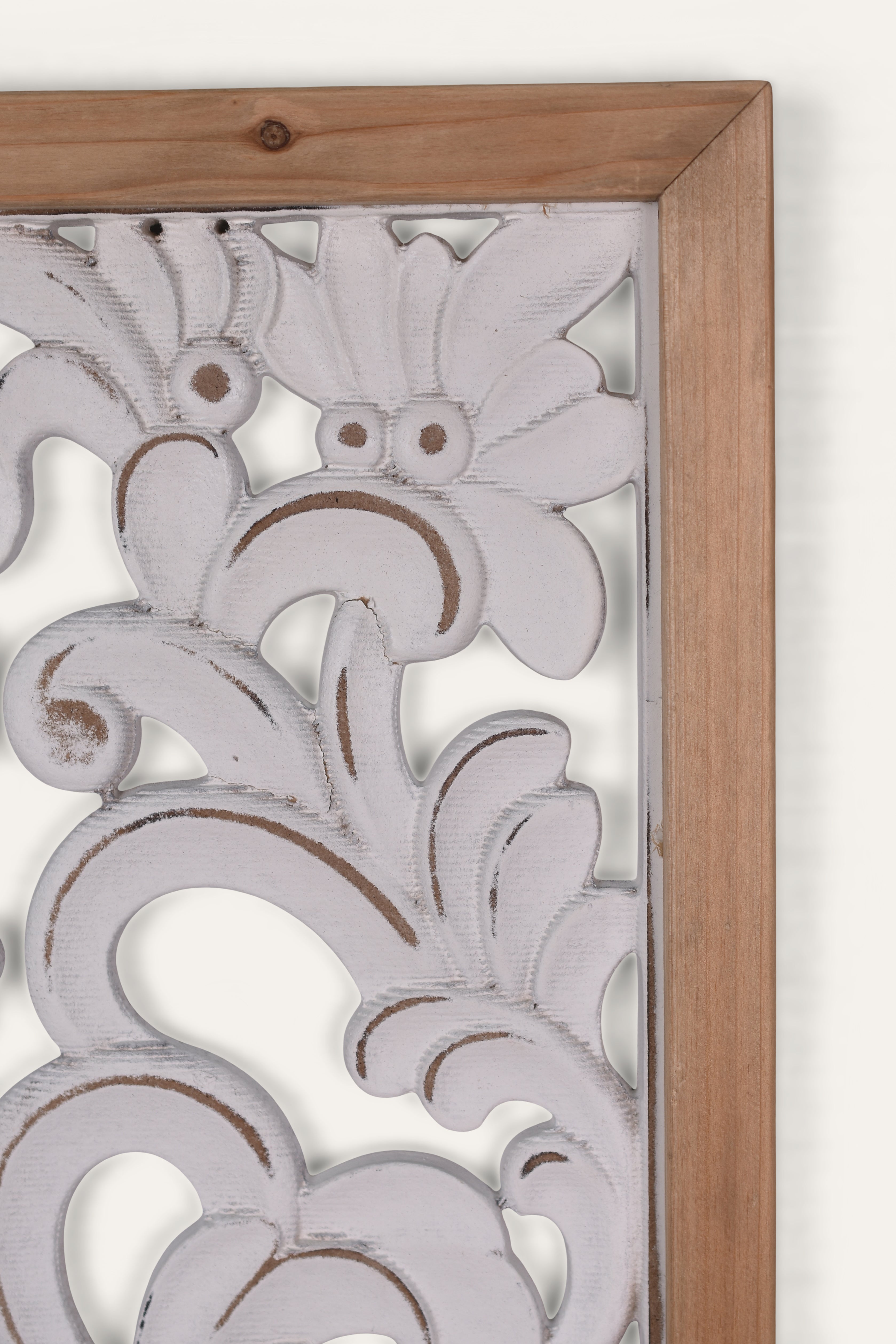 White Distressed Floral Carved Wooden Wall Panel