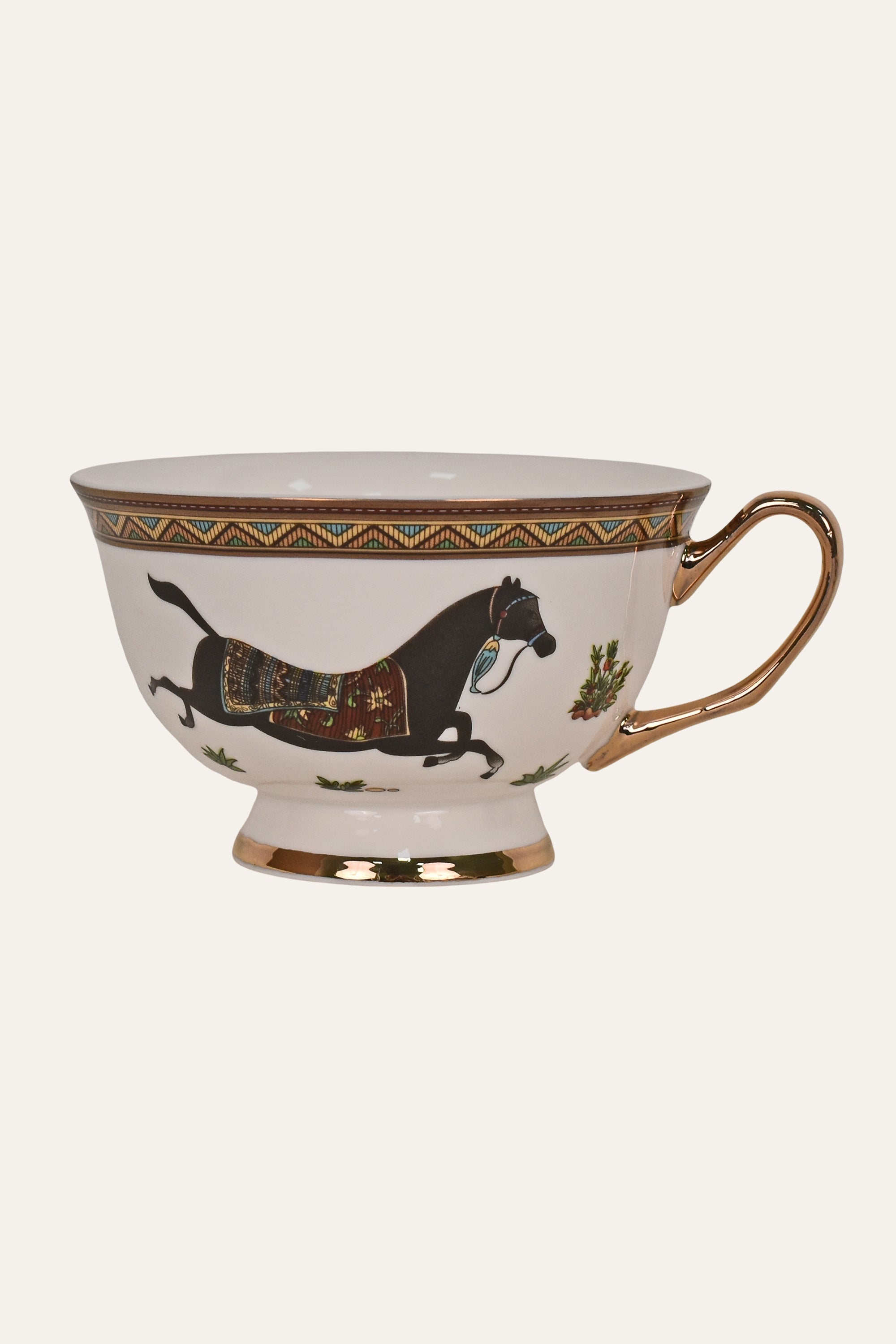 White Hand-Painted Porcelain Cup & Saucer Set with Horse Motif & Gold Rim – Elegant Tea Cup