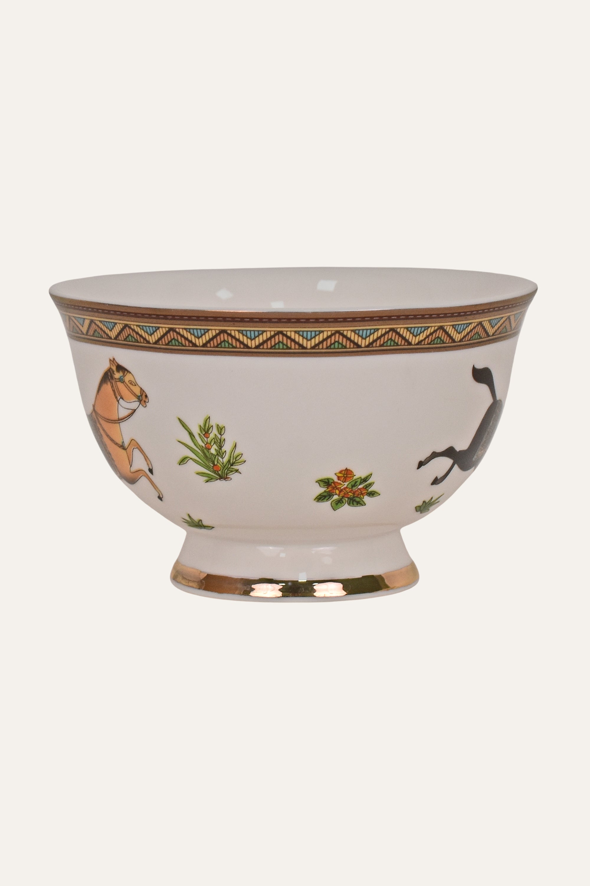 White Hand-Painted Porcelain Cup & Saucer Set with Horse Motif & Gold Rim – Elegant Tea Cup