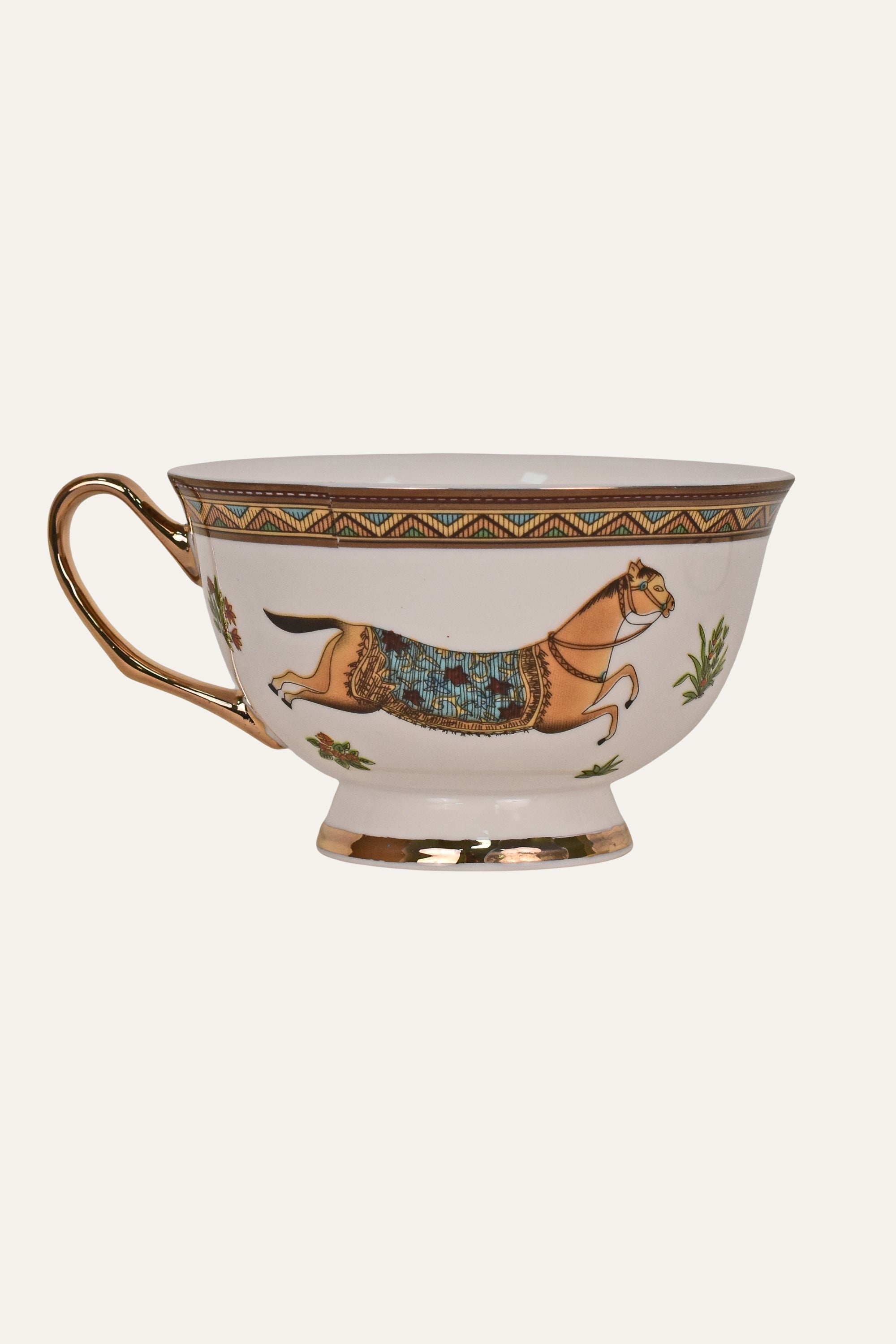 White Hand-Painted Porcelain Cup & Saucer Set with Horse Motif & Gold Rim – Elegant Tea Cup