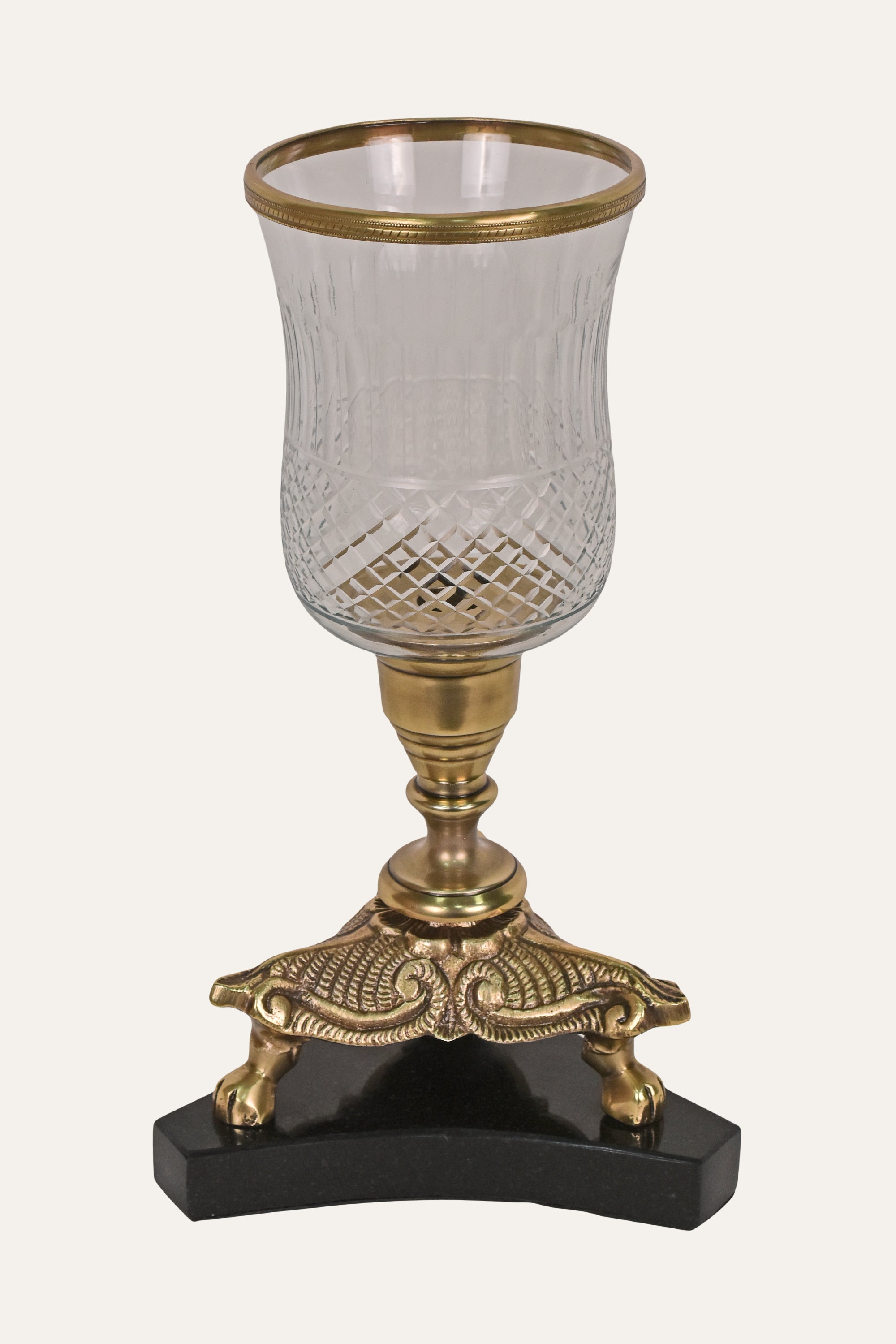 Handcrafted Brass & Cut Glass Hurricane Candle Holder