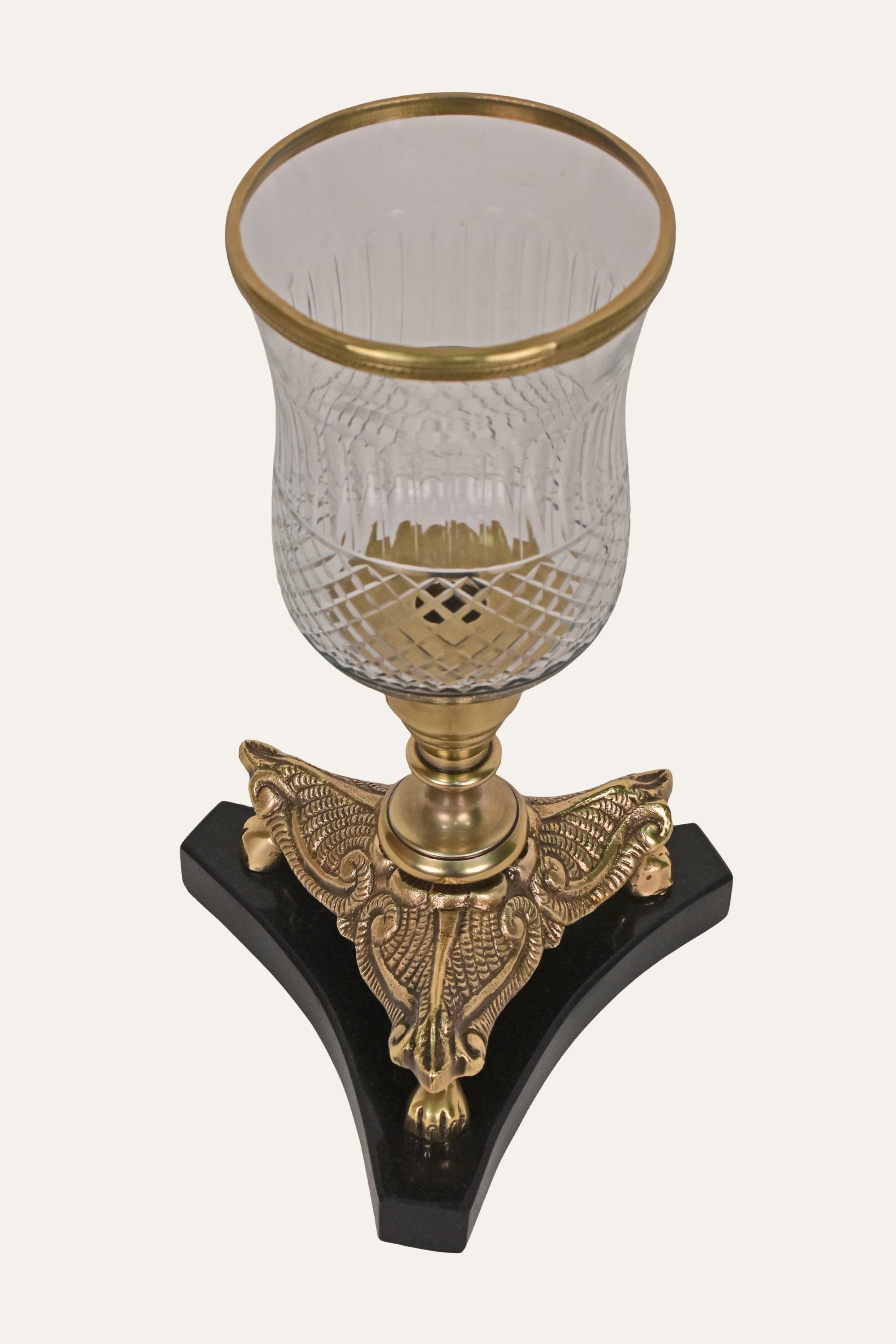 Handcrafted Brass & Cut Glass Hurricane Candle Holder