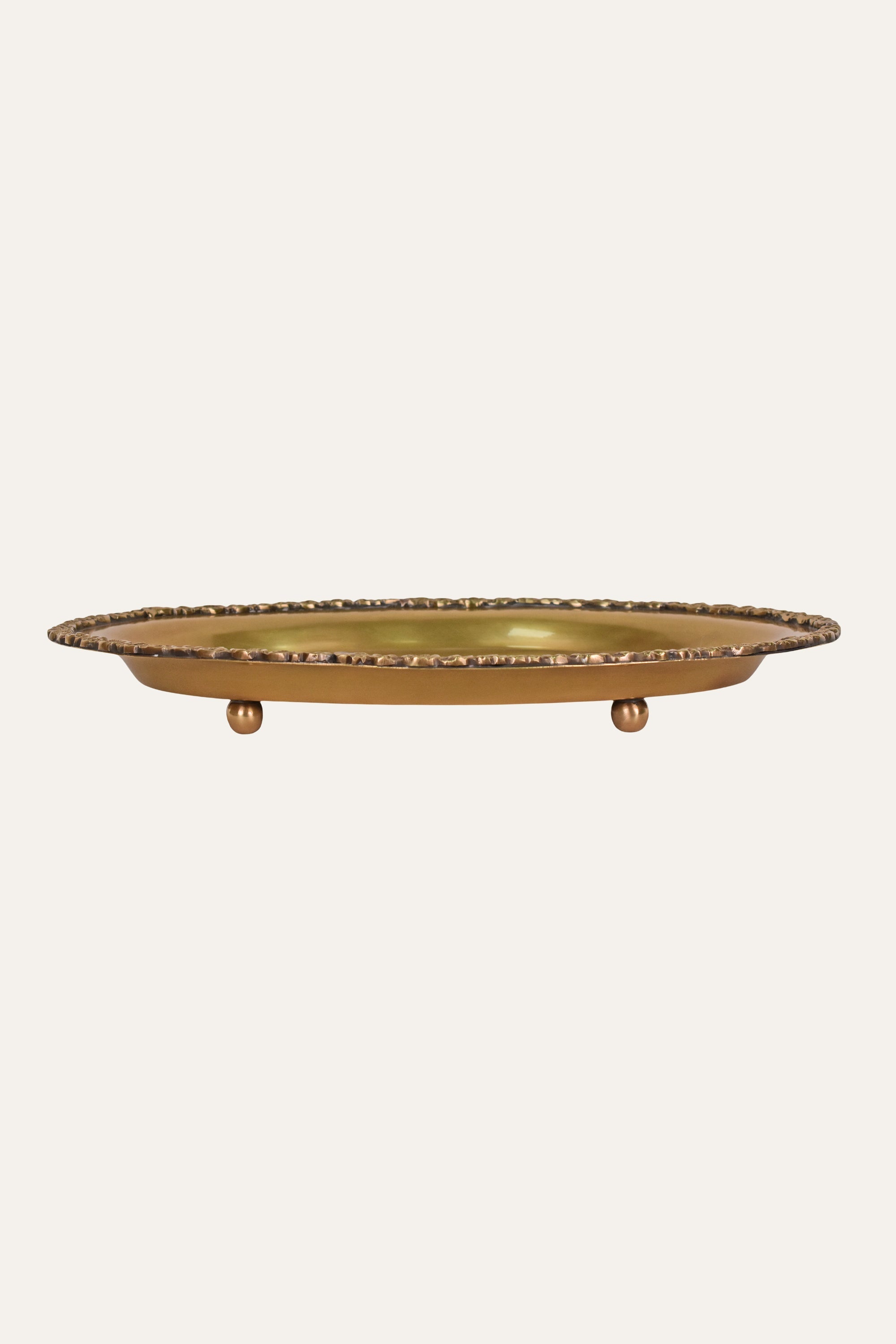 Antique Brass Round Serving Tray with Decorative Border & Engraved Center