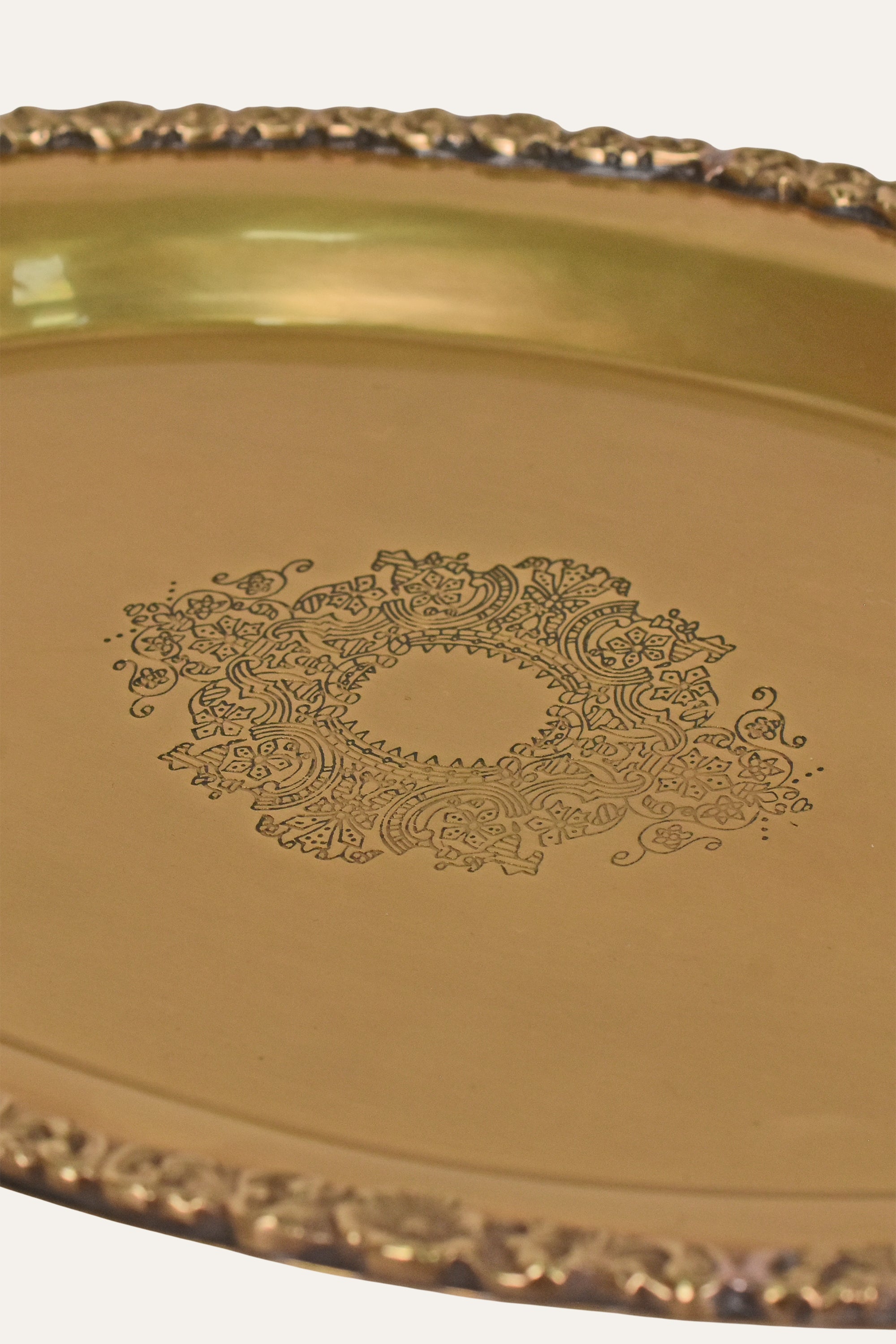 Antique Brass Round Serving Tray with Decorative Border & Engraved Center