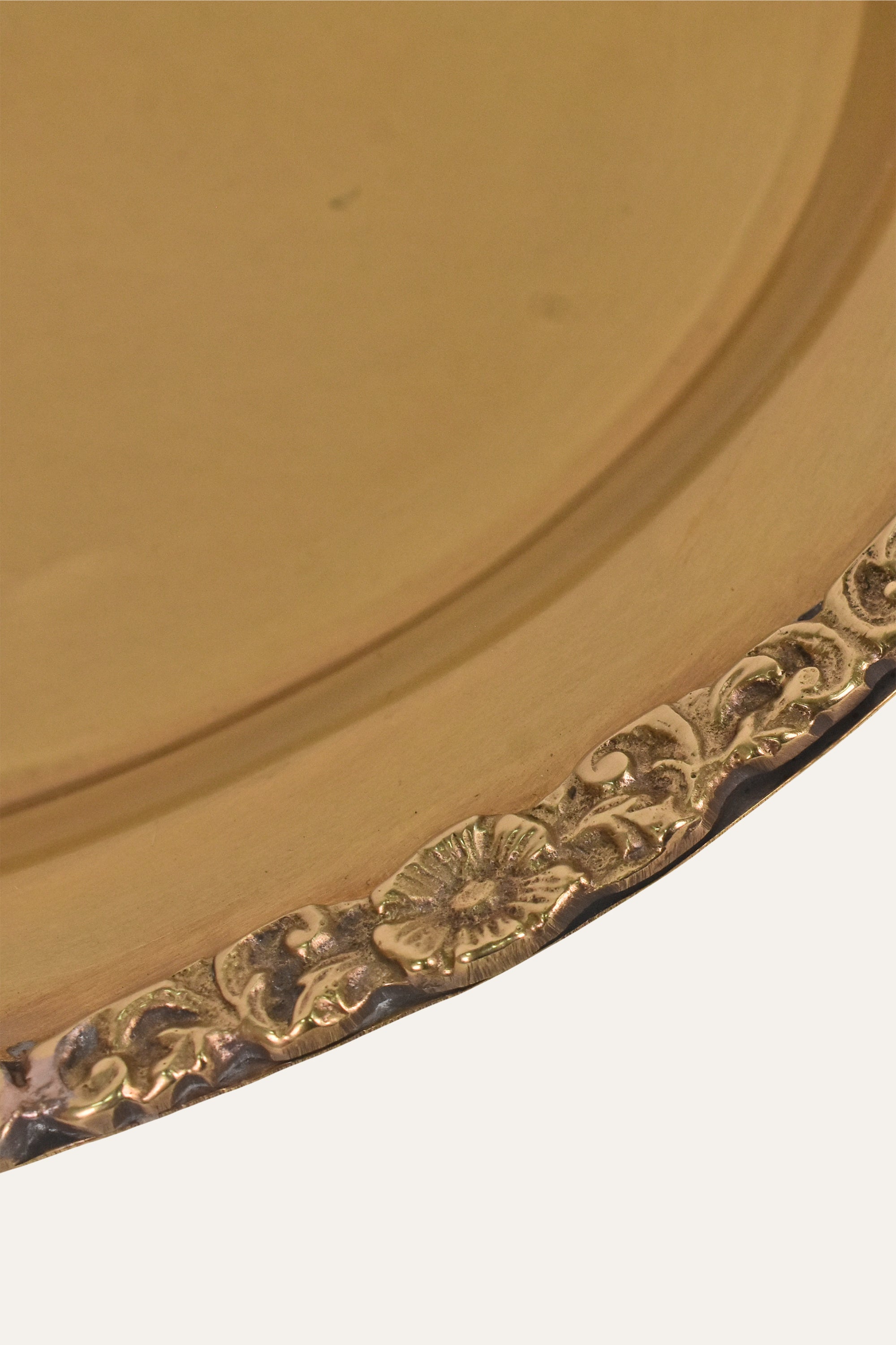 Antique Brass Round Serving Tray with Decorative Border & Engraved Center