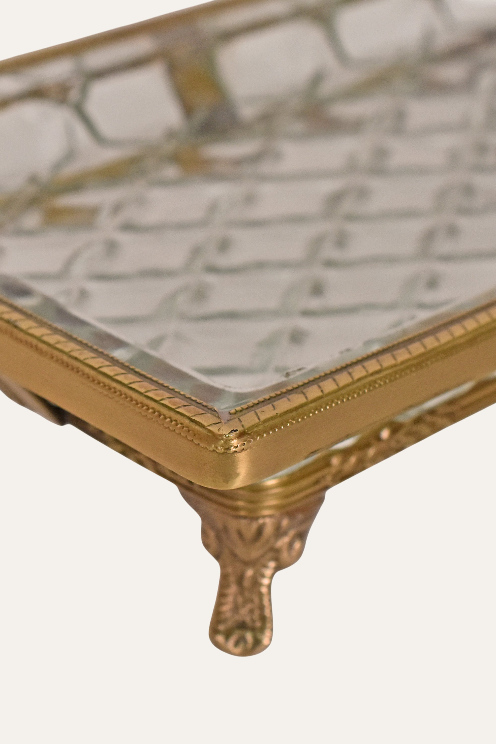 Handcrafted Antique Brass & Cut Glass Rectangular Serving Tray