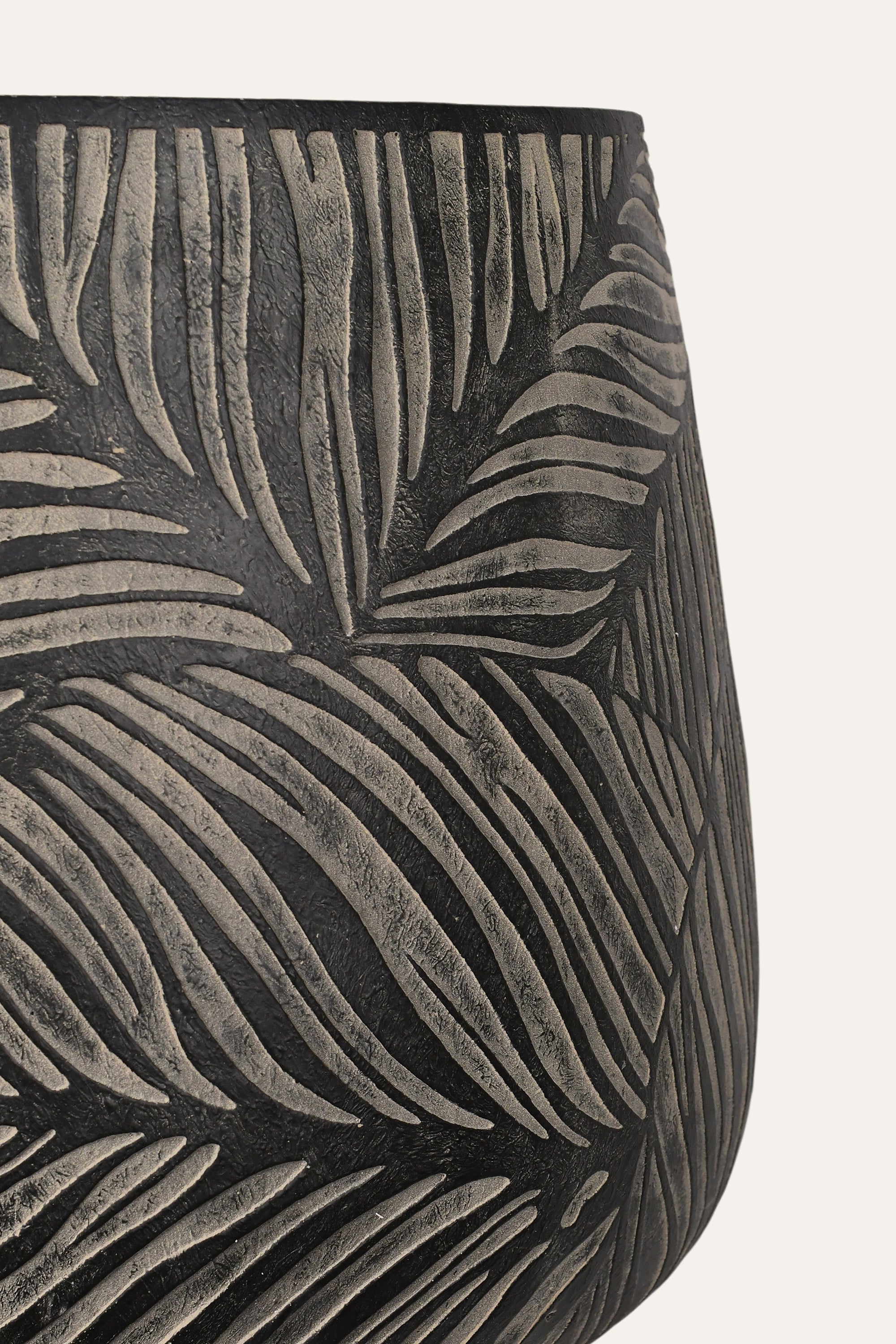 Carved Leaf Pattern Black Terracotta Planter - Big