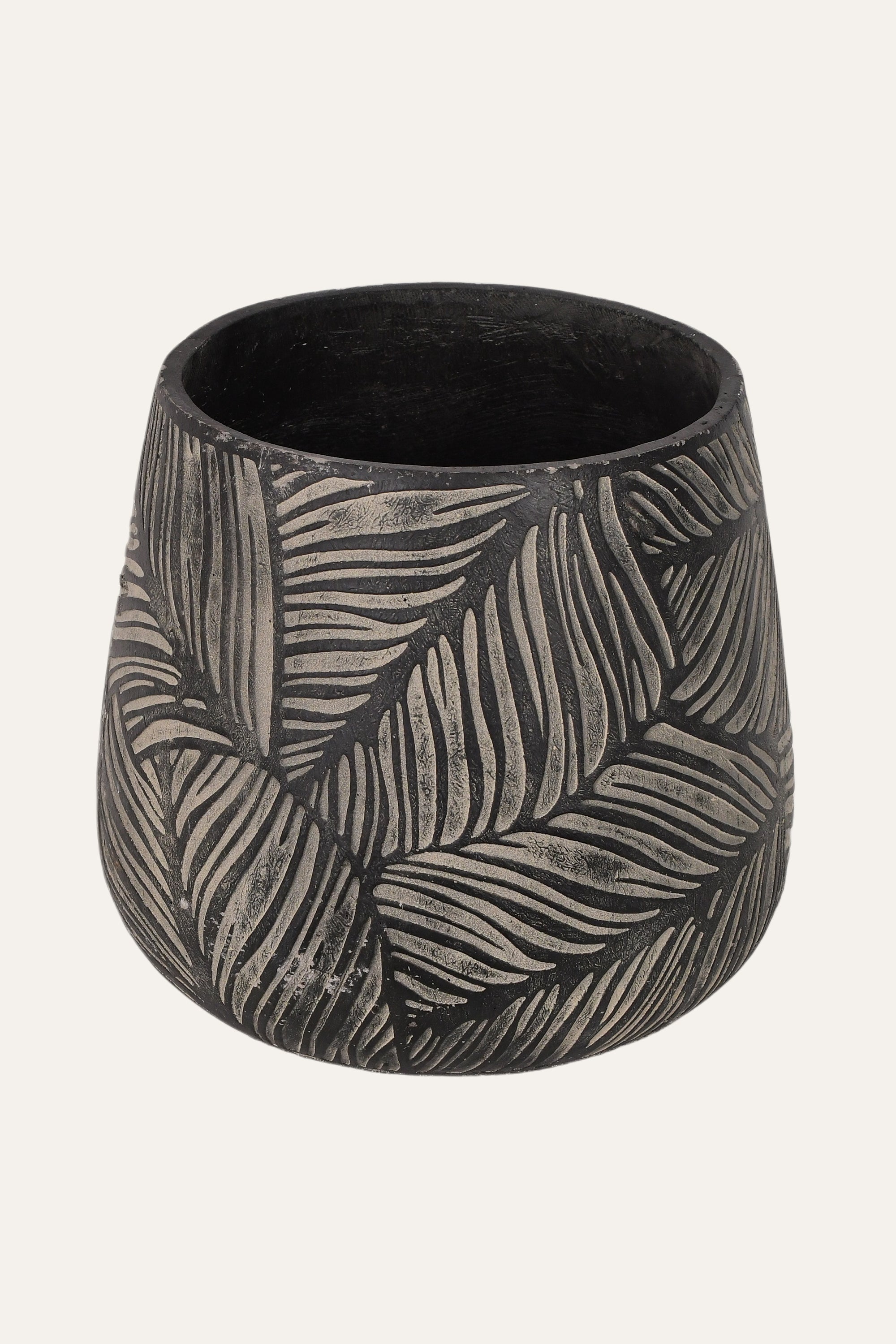 Carved Leaf Pattern Black Terracotta Planter - Medium