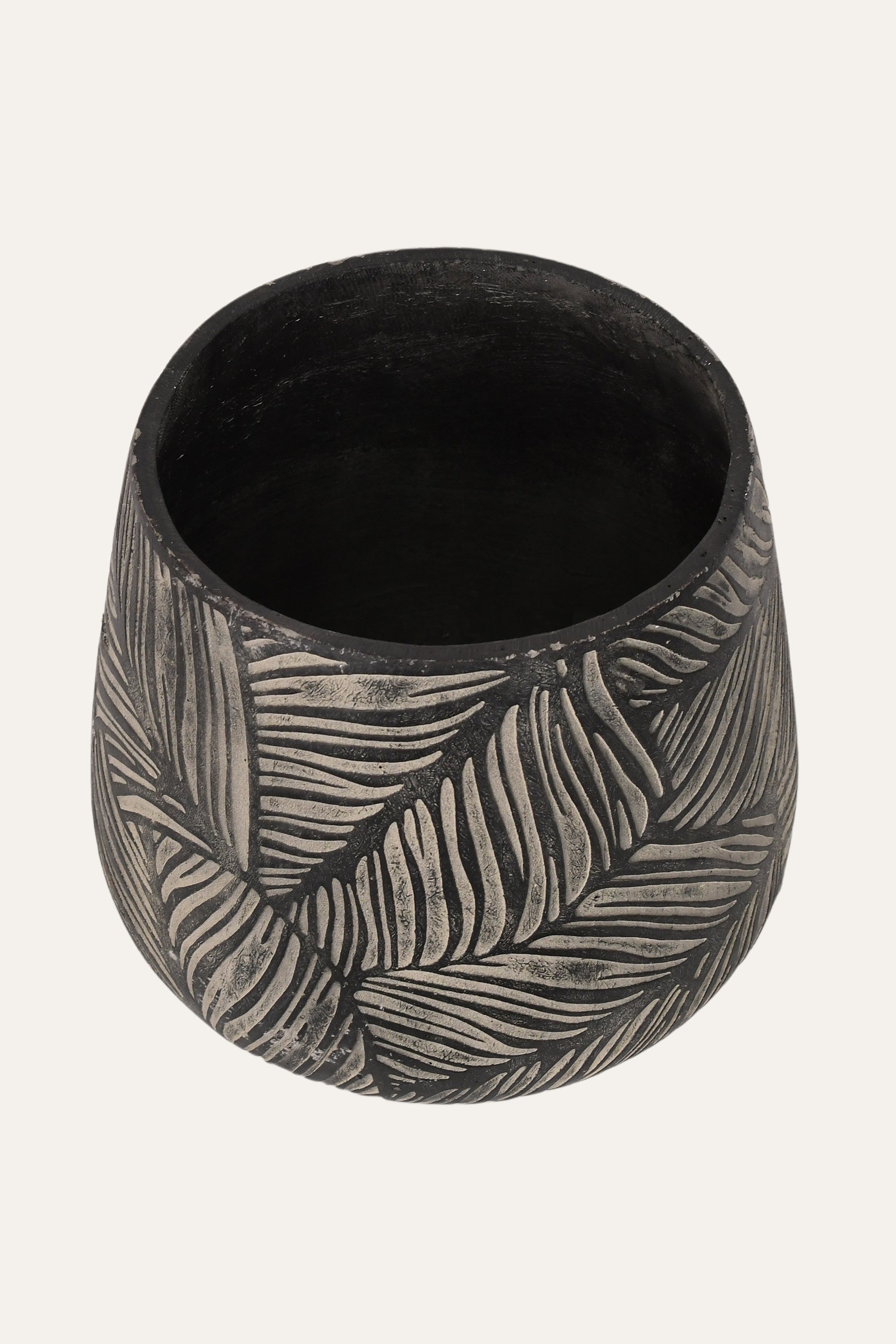 Carved Leaf Pattern Black Terracotta Planter - Medium