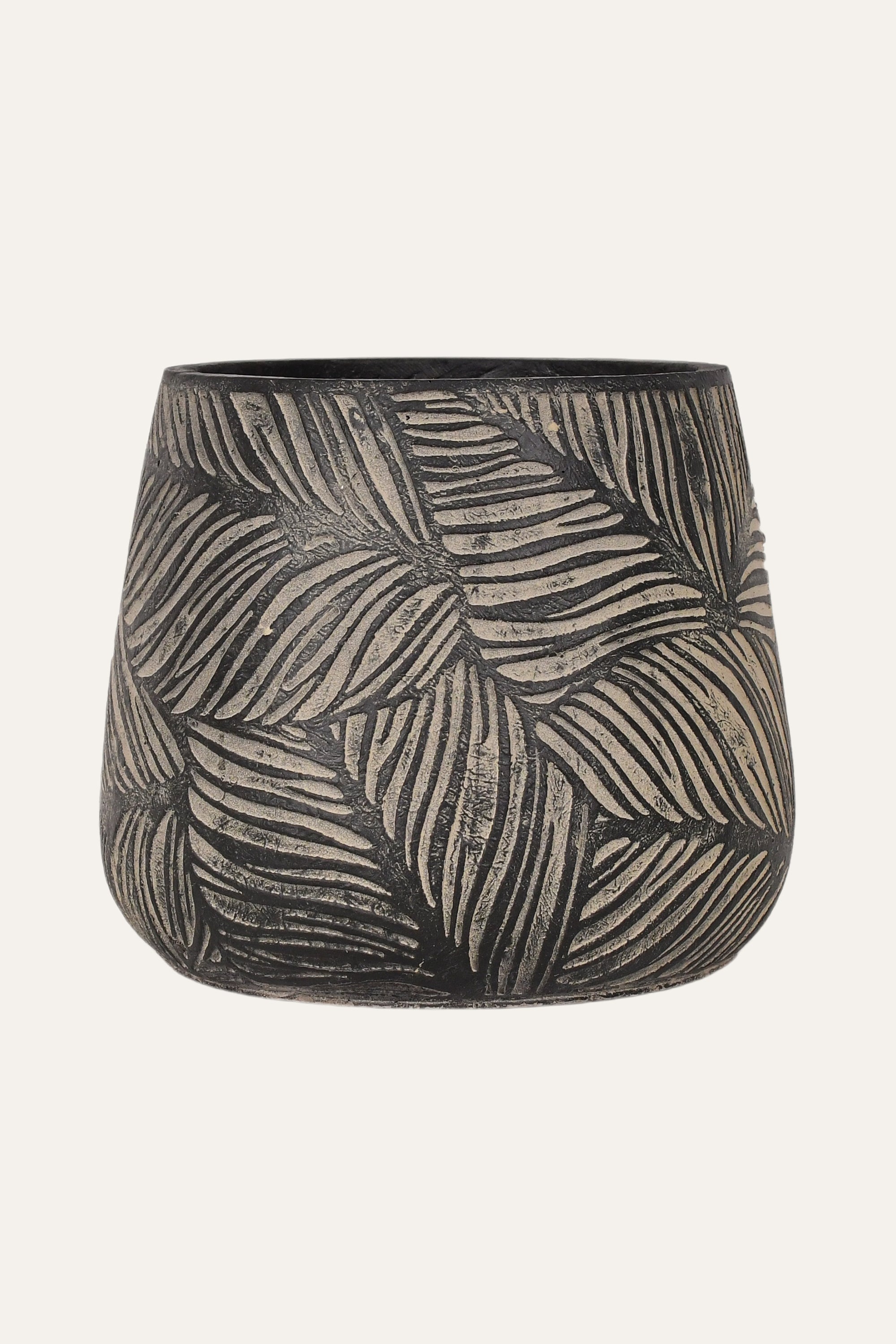 Carved Leaf Pattern Black Terracotta Planter - Small