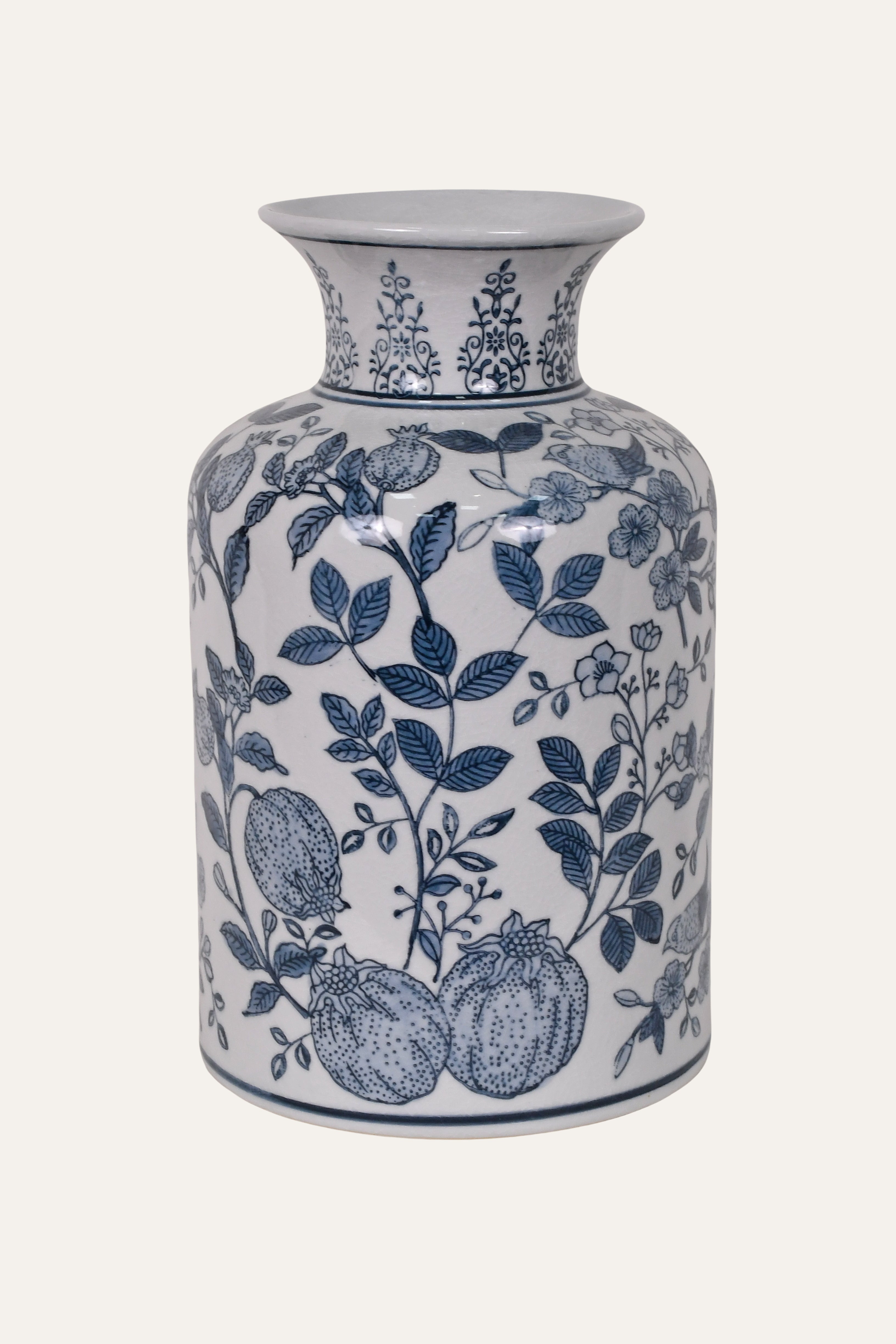 Vintage Blue & White Handpainted Chinoiserie Porcelain Vase